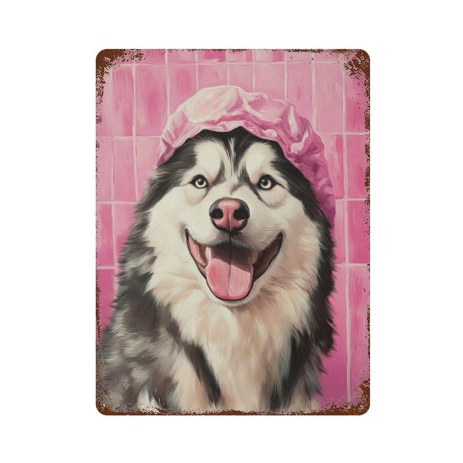 Alaskan Malamute in Shower Cap Rust Effect Tin Sign 15.7"x11.8", Industrial Home Decor for Cafe, Home Bar And Lounge Decor