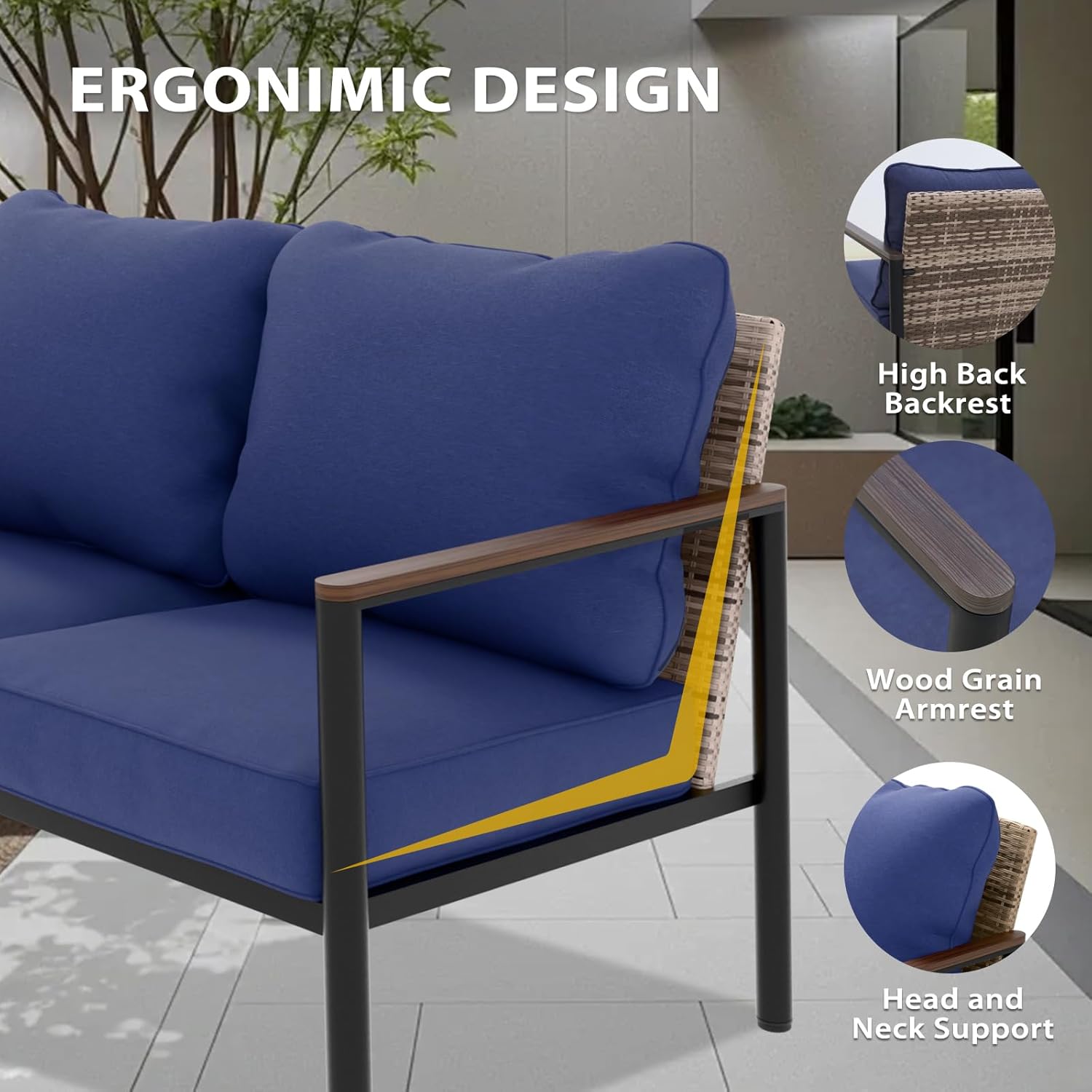 EAGLE PEAK Sunset Dune Collection Modern Outdoor Patio Furniture Sofa Deep Cushions Wicker Weather Resistant for Balcony Lounge Sunroom, Loveseat 2 Seat Sofa, Brown Blue