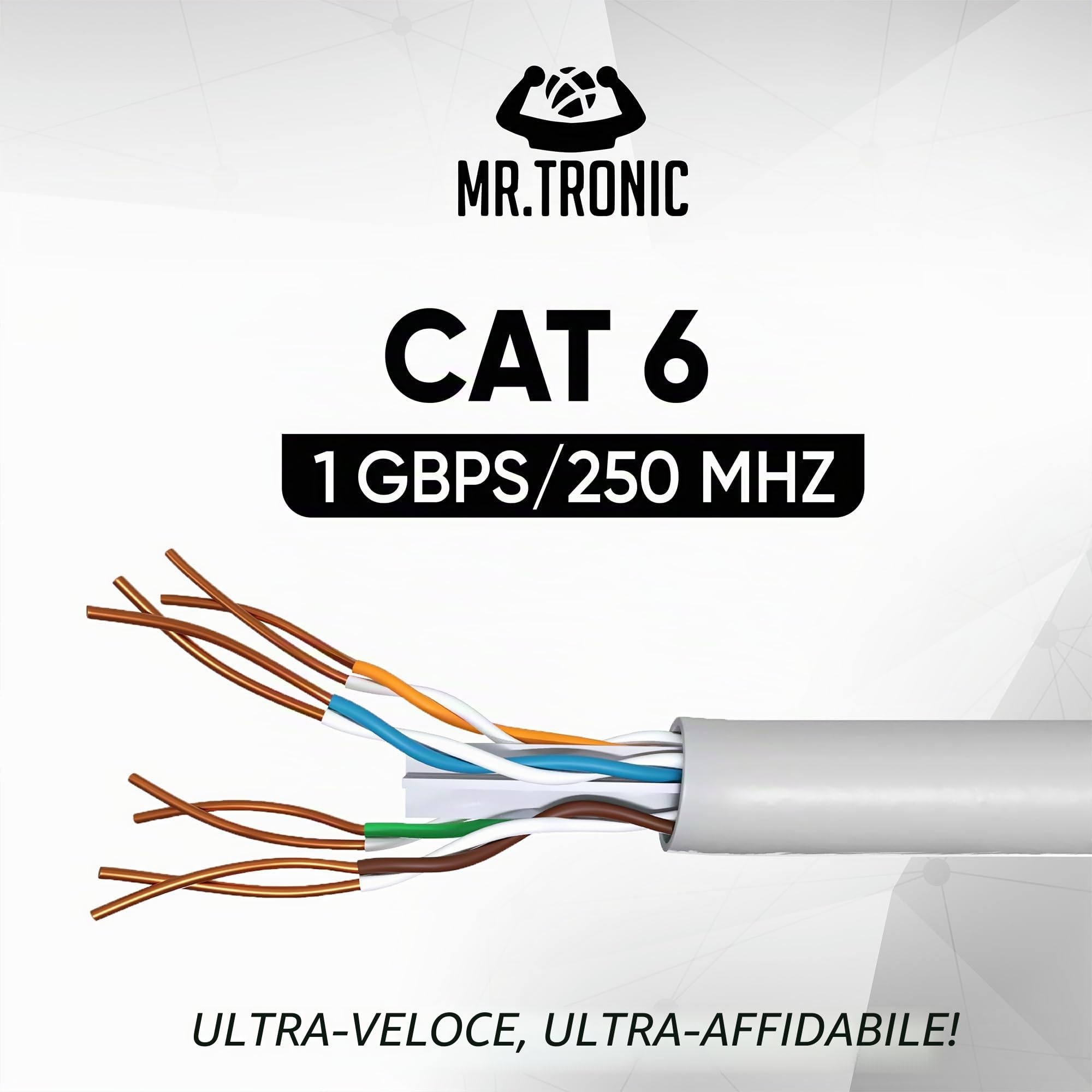 Mr. Tronic Cavo Ethernet Cat 6 da 25m Bulk Cabel, Cavo di Rete LAN Cat 6 ad Alta Velocità Per Connessione Internet Veloce 1 Gbps – 250 MHz AWG24 Sfuso | UTP CCA (25 Metri, Grigio)