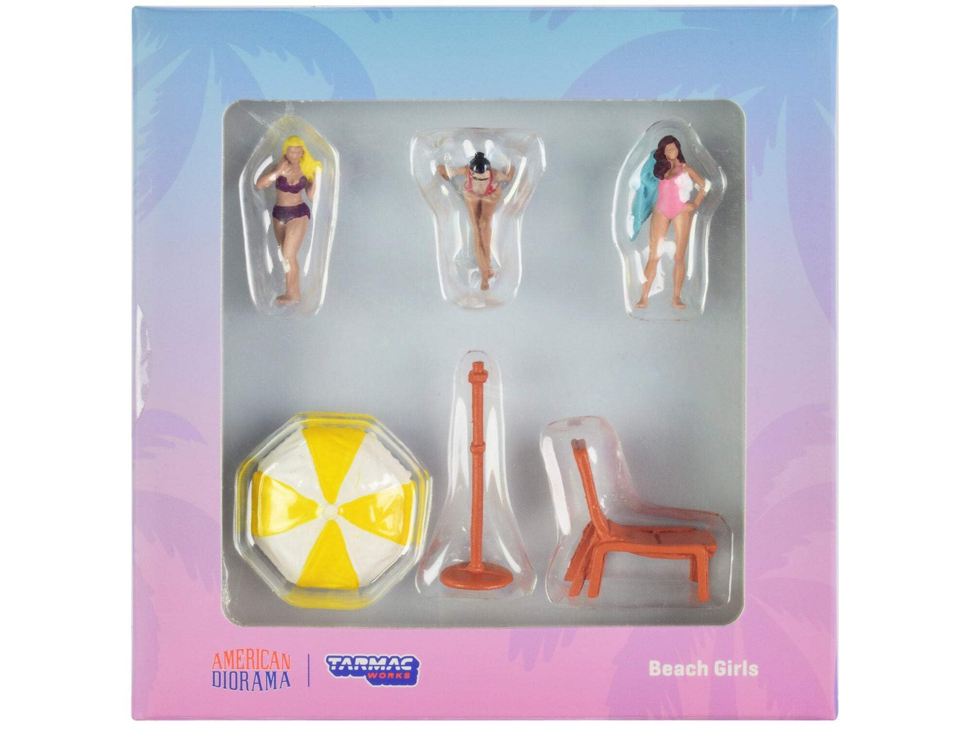 Beach Girls Lot de 5 figurines moulées sous pression (3 figurines féminines et 2 accessoires de plage) pour modèles à l'échelle 1/64 par Tarmac Works & American Diorama T64F-002-YL