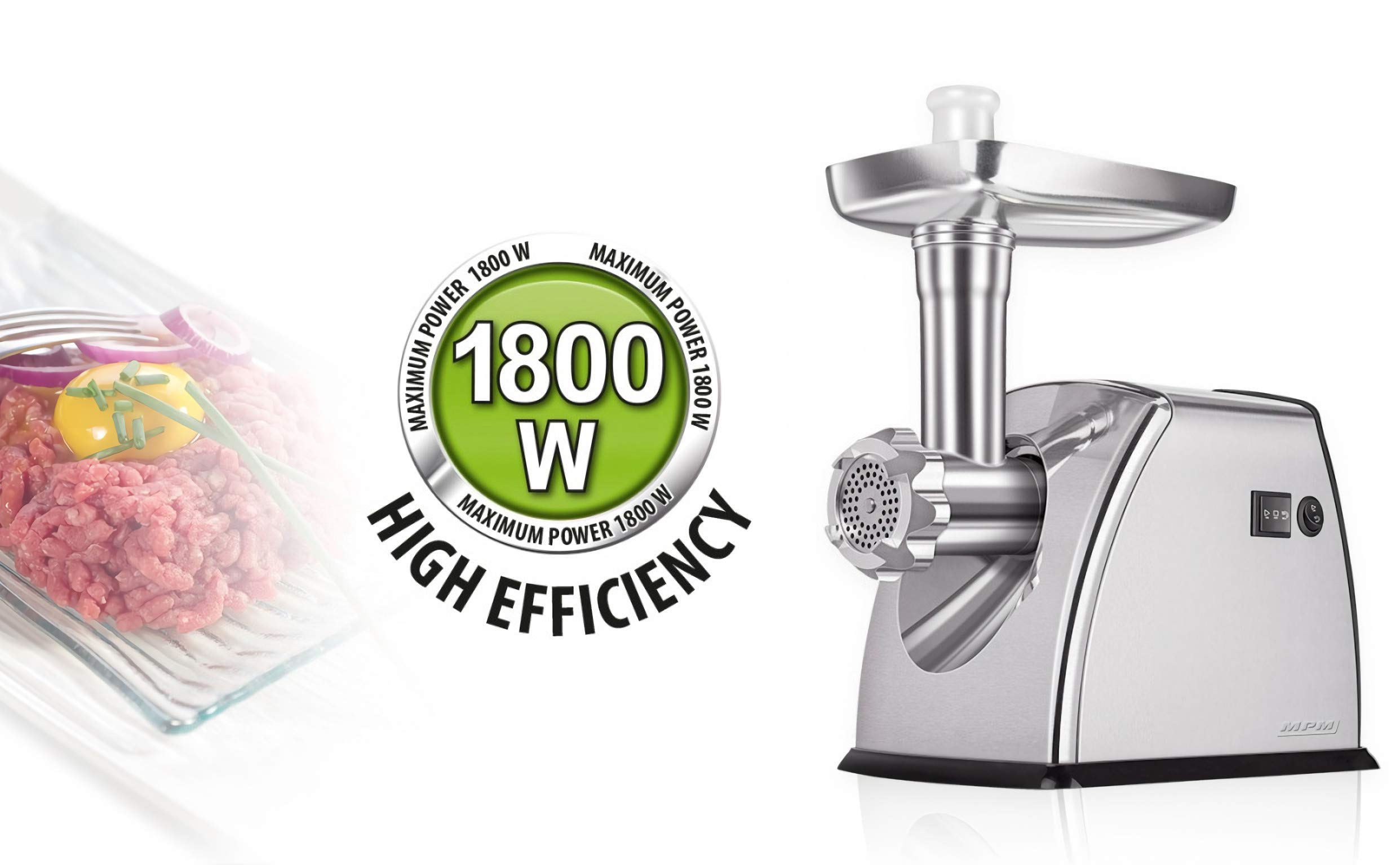 MPM MMM-07M Picadora de Carne eléctrica de Acero Inoxidable, con embutidora de Salchichas, 3 Discos de Corte, Engranaje metálico, función inversa, Accesorios, 1800 W