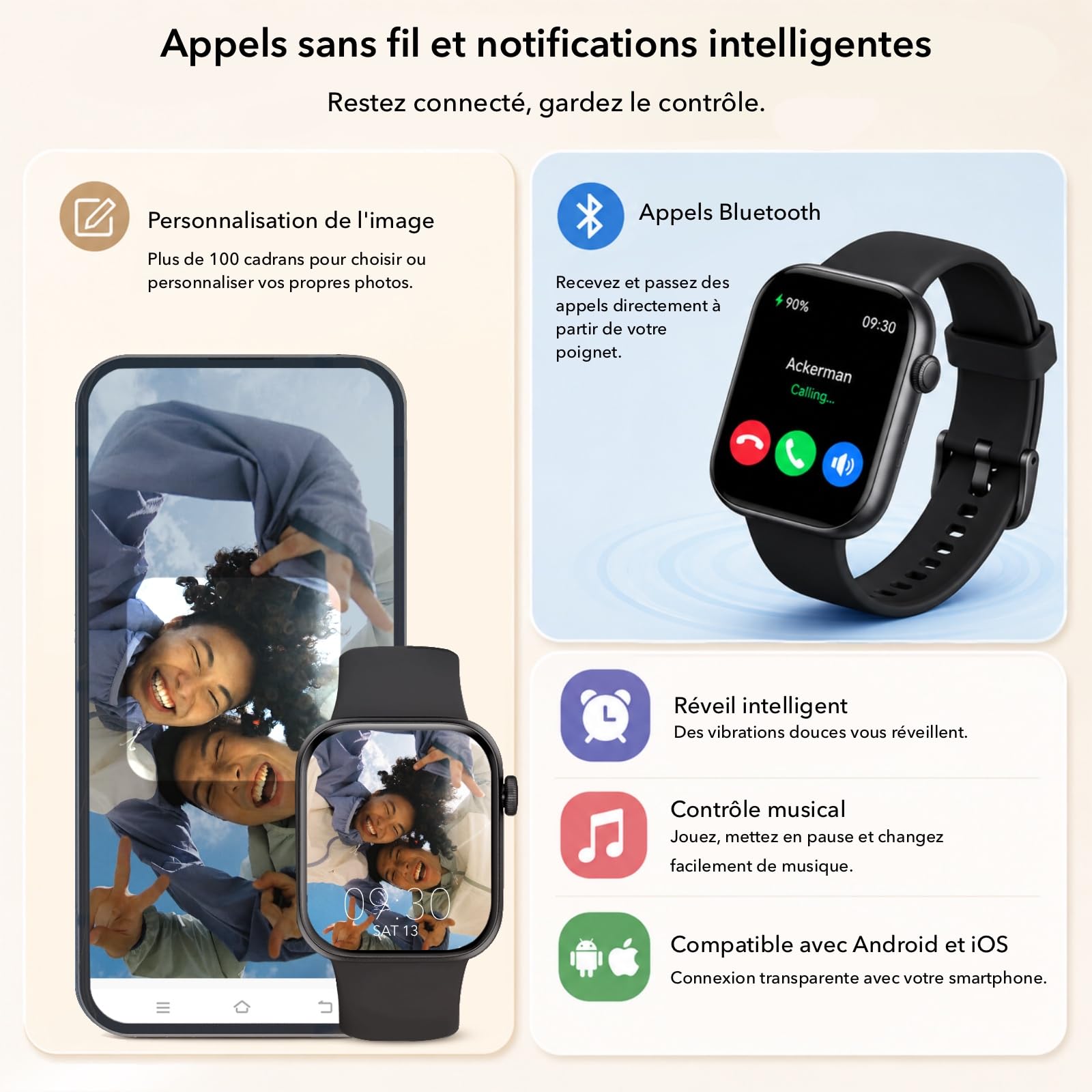 Montre Connectée Homme Femme avec Appel Bluetooth, Écran 1,85" HD Smartwatch Sport Étanche IP68 (140+ Modes), Cardiofréquencemètre, Moniteur de Sommeil, Tracker d'Activité pour Android iOS