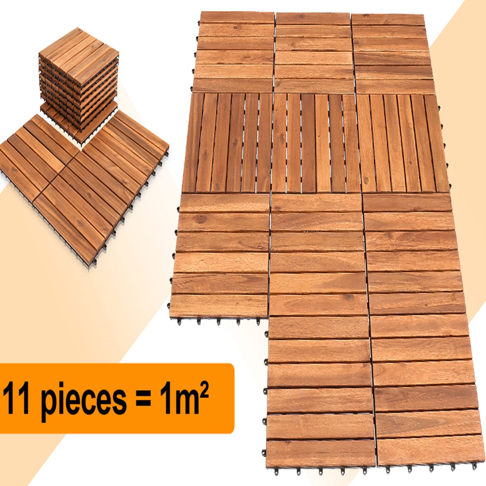 Piastrelle per terrazze, 30 x 30 cm, in legno di acacia, 4 m², antiscivolo, sistema di drenaggio a clic, terrazze, balcone, giardino, marrone