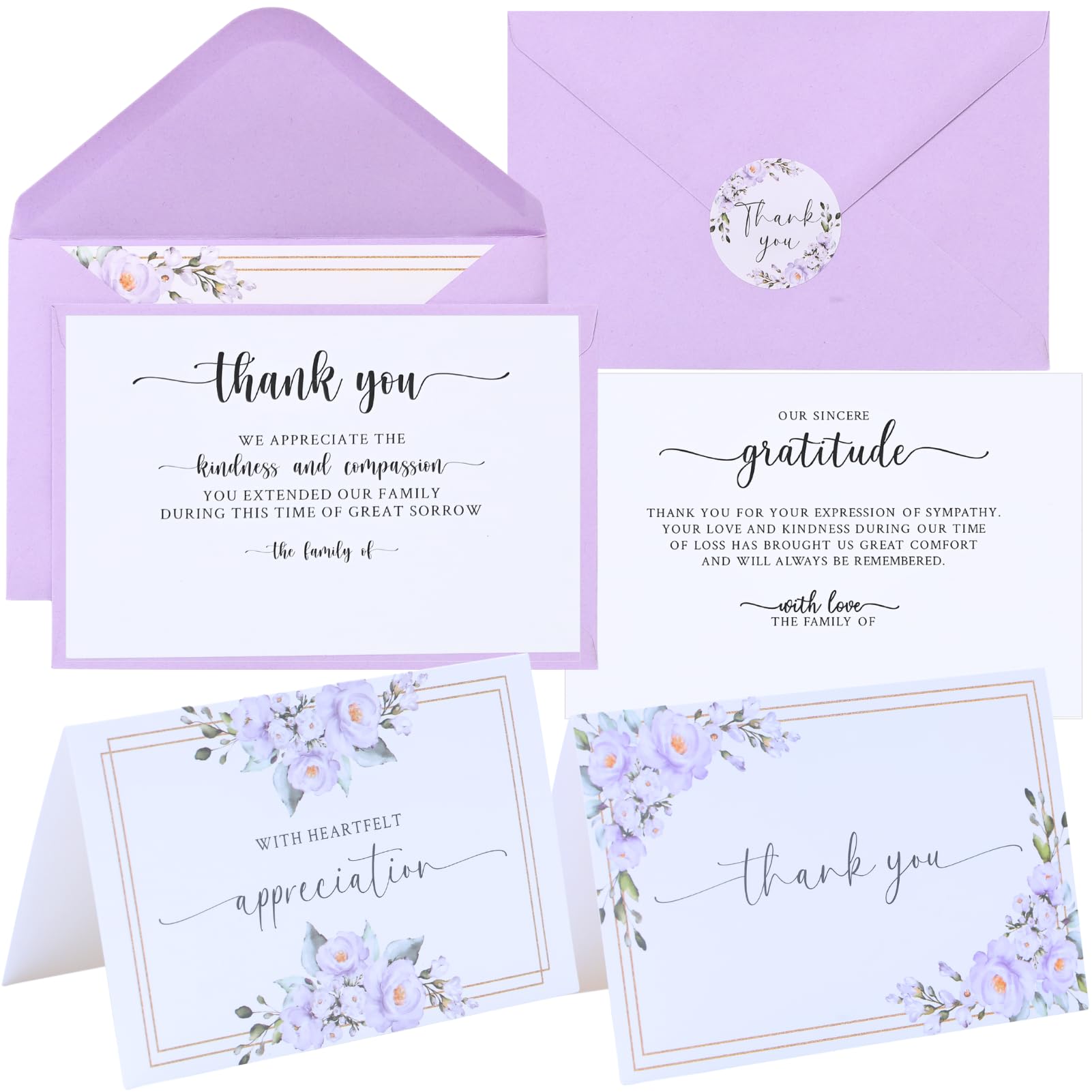 Funeral Thank You Cards with Envelopes Messages Inside and Matching Stickers, 4x6 Sympathy Thank You Cards with 2 Pre-Printed Messages for Funeral, Bereavement, or Memorial Service Appreciation - 24