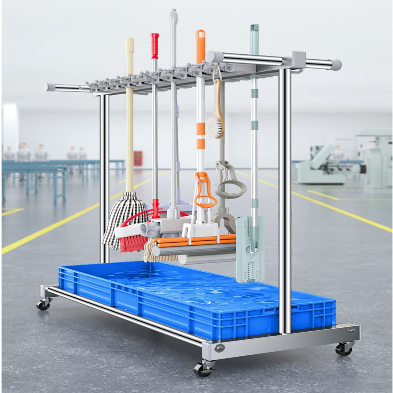 ASerZenith Utility Rack For Mops And Brooms,Movable Floor-Mounted Rack Standing Cleaning Tool Cart Storage,Movable Commercial Mop Rack,Cleaning Supplies Organizer,Garden Tool Storage,For(L67Cm5Slots)