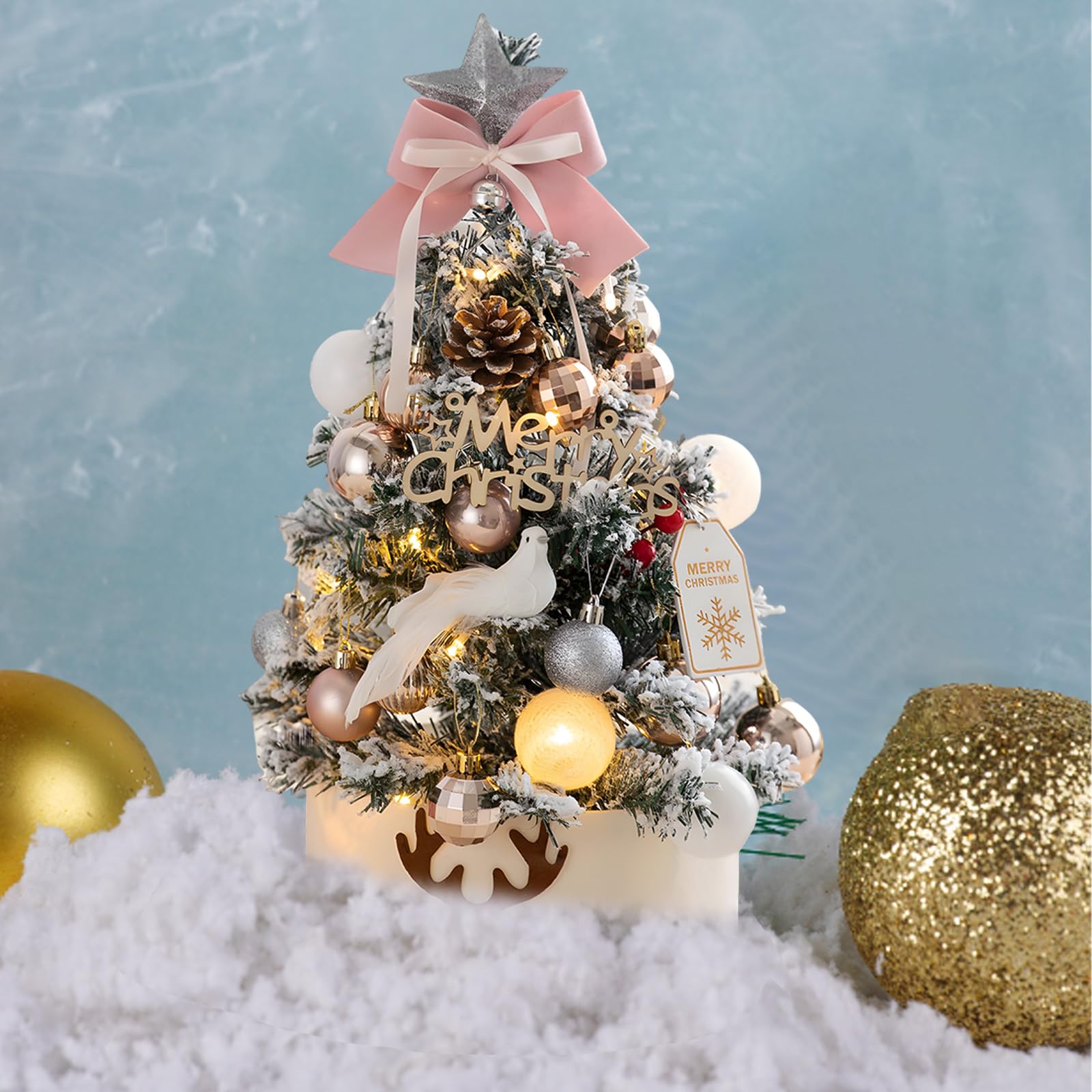 Xinlie Albero Di Natale Piccolo Rosa 45cm Con Luci LED E Decorazioni – Mini Albero Da Tavolo Con Palline, Fiocchi E Stella, Batteria (Non Inclusa)