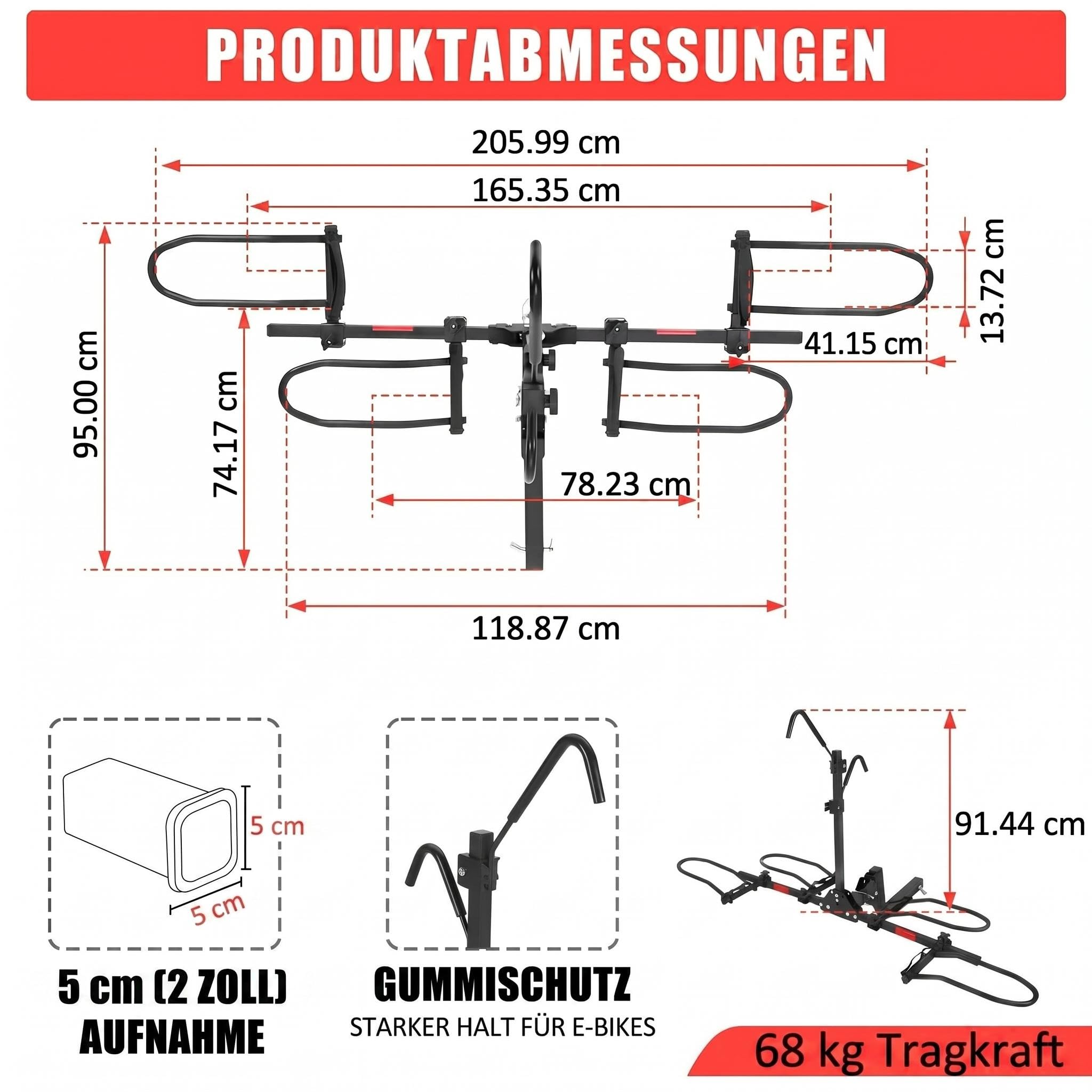 Fahrradträger Anhängerkupplung für 2 Fahrräder E-Bike, Universal Fahrradträger 68 kg Tragkraft mit Schlössern, Intelligente Neigung und Faltbar, 5 cm Anhängerhaken für die Meisten Auto/SUV