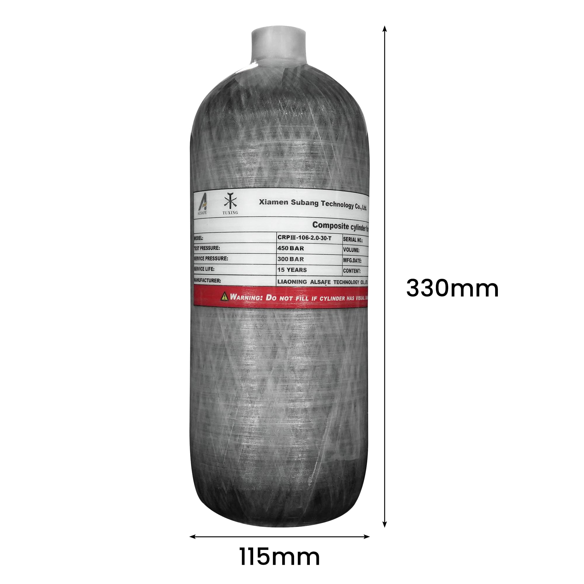 TUXING 30Mpa 300Bar 4500psi Serbatoio d'aria in fibra di carbonio 2L per PCP Paintball Scuba (bottiglia vuota)