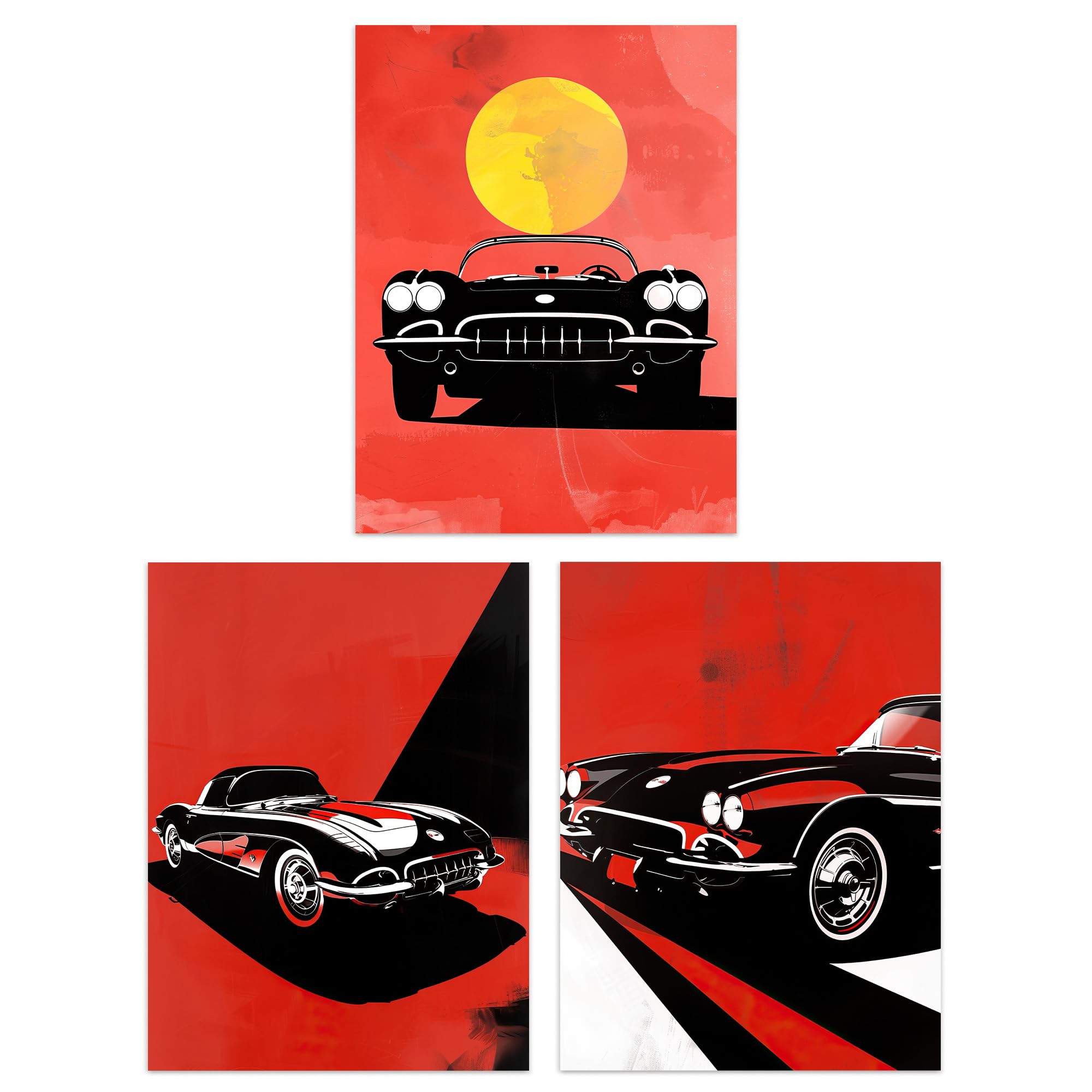 B&Q -  Wall Art Print Set Of 3 Classic Sports Cars Modern Bold Red Wall Art