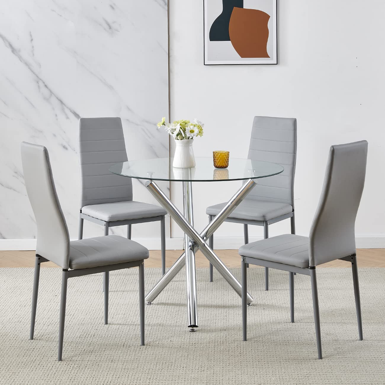 Homullel Round Dining Table and Chairs Set 4 Seater Kitchen Dining Set, 5 Pieces Table & Chairs Dinner Table Set for 4 (90cm Glass Table with 4 Chairs, Fuax Leather Grey) โ image 1