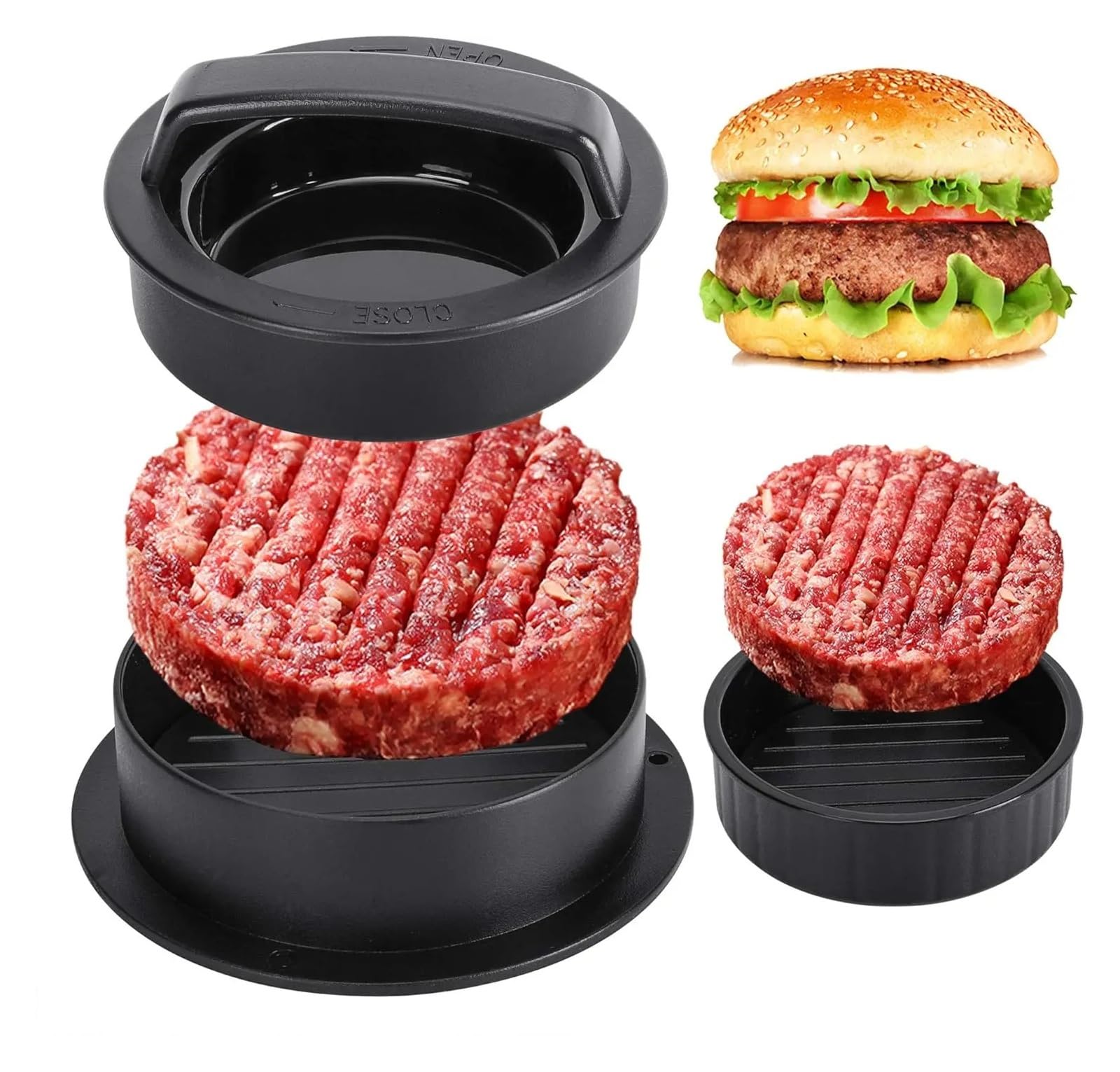 Generisch Runde Hamburger-Burger-Presse, Rindfleisch-Grillhelfer, Fleischkoteletts, Patty-Maker-Form, Küchenhelfer(3 in 1 Black)