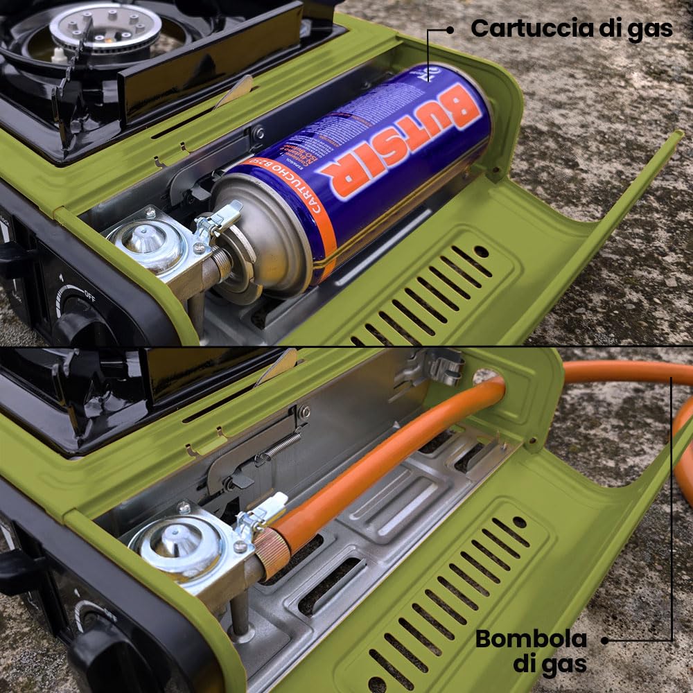 Fornello a Gas Portatile Elma Outer Start Compatibile con Cartucce Butano EN417 e Bombole Butano/Propano, Ideale per Campeggio, Viaggi e Outdoor | con Valigetta di Trasporto, 2,3 Kw, Verde