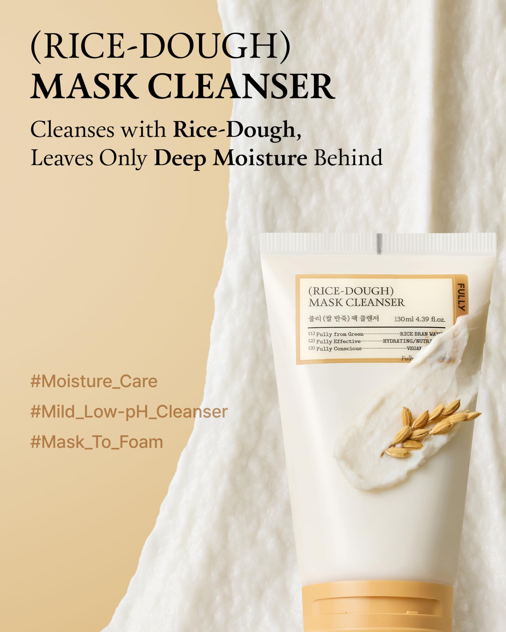 FULLY Detergente Maschera 2 in 1, Pasta di Riso, Formula a Basso pH, Nutriente, Pori Chiari, Pulizia Viso per Pelle Secca e Sensibile, Cura della Pelle Coreana Vegana, 120 ml