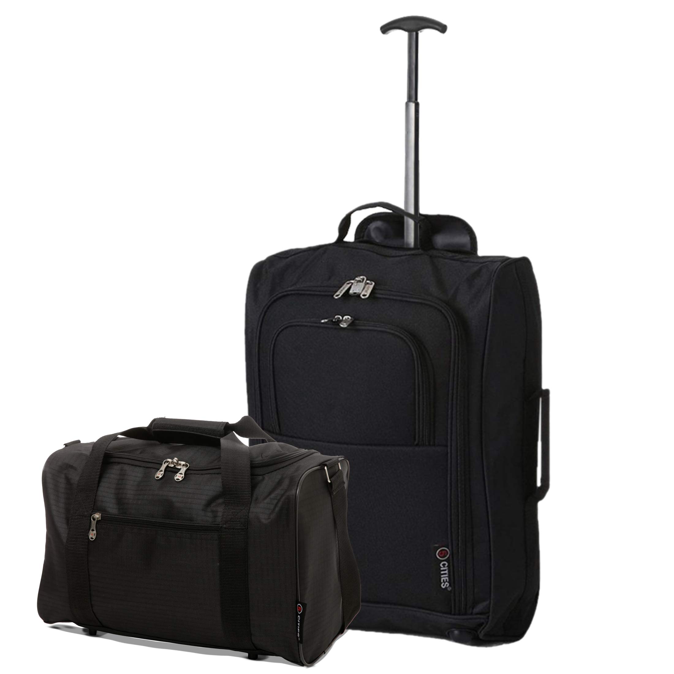 5 Cities Set of 2 Hand Luggage Set Including Ryanair Cabin Approved 21"/55cm Trolley Bag & 40x20x25 Ryanair Maximum Holdall Under Seat Flight Bag (Black + Black)
