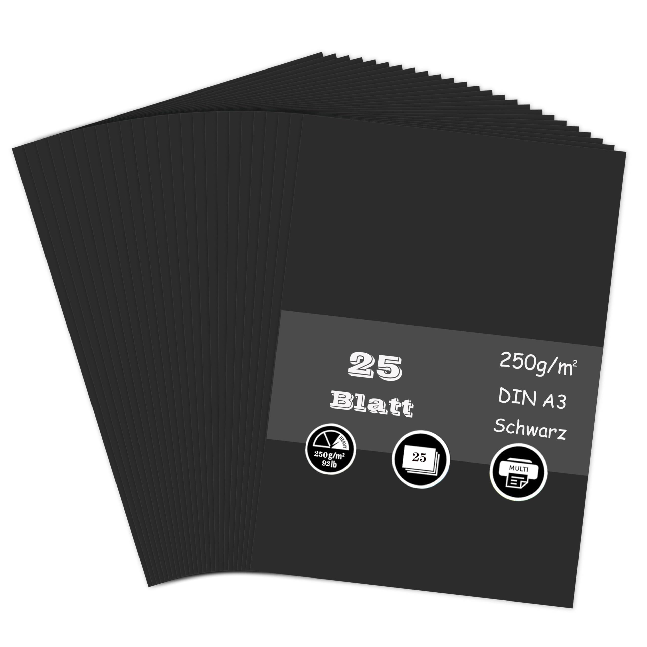 25 Blatt Tonpapier Schwarz, 250g/m² Tonkarton - DIN A3 Bastelkarton für Malen Kartenherstellung Einladungen Scrapbook Basteln