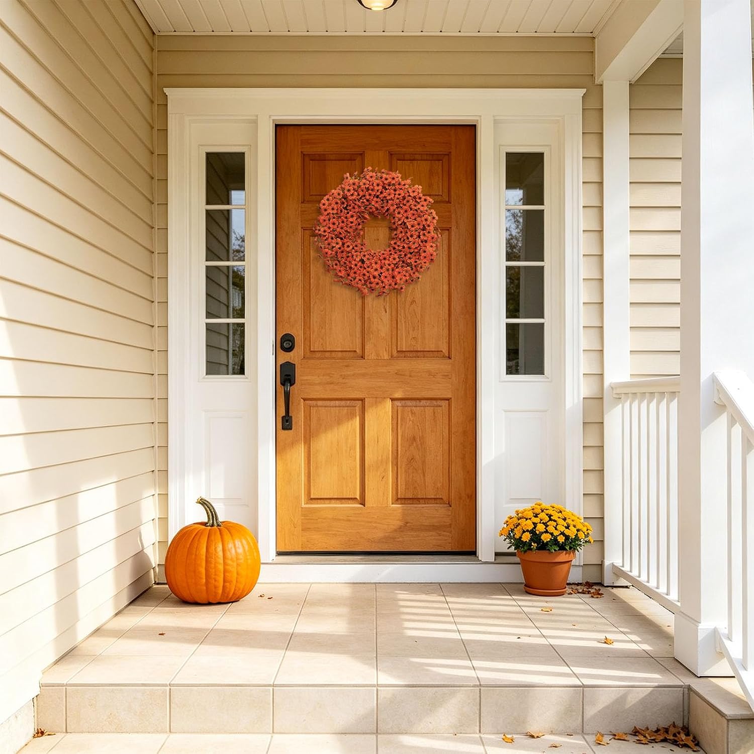 20" Orange Fall Wreath for Front Door, Artificial Mums Autumn Wreath
