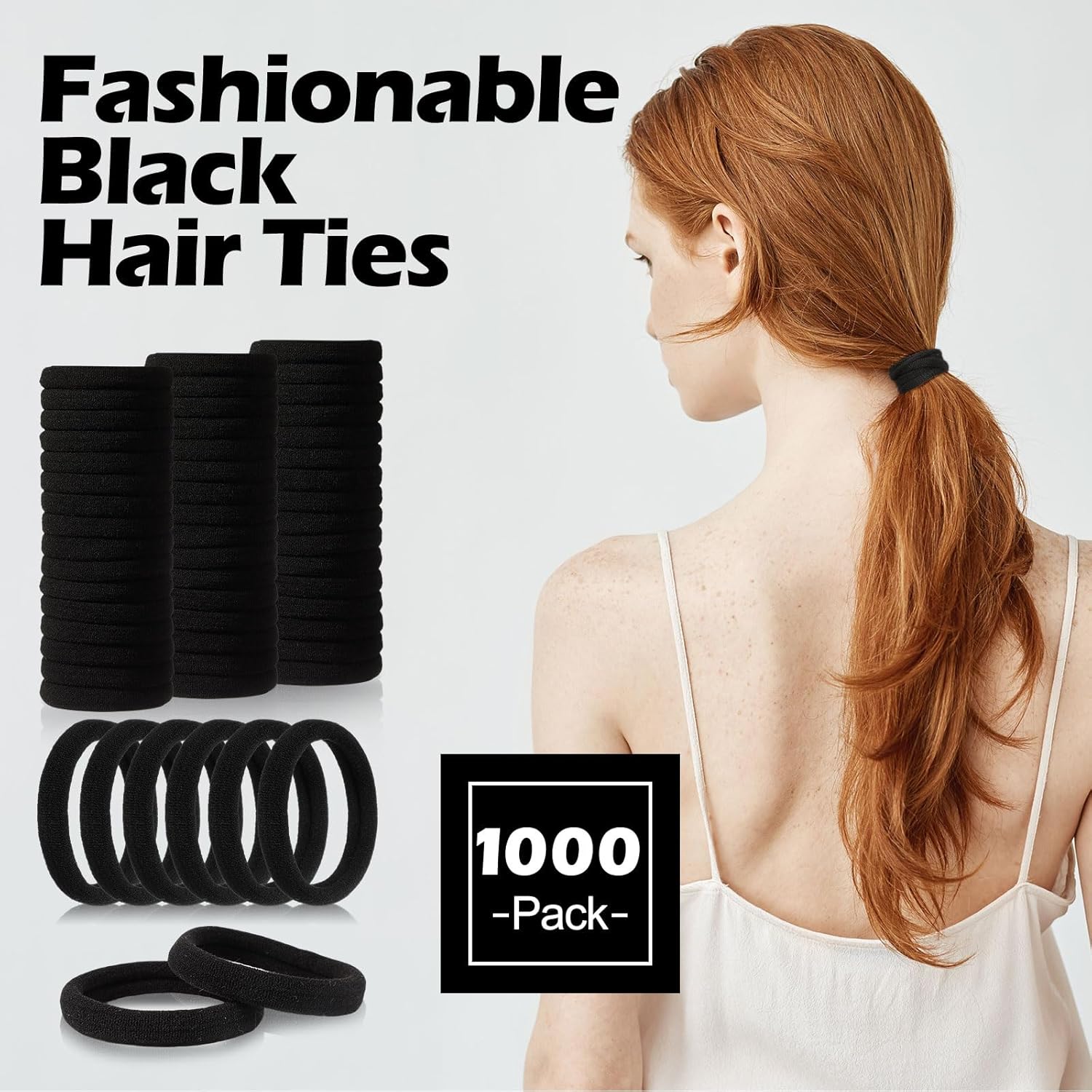 Chuangdi 1000 Pcs Black Hair Ties Bulk for Women Elastics Curly Wavy Thick Thin Hair Bands Seamless Cotton Ponytail Holders Christian Charity Donation Supplies