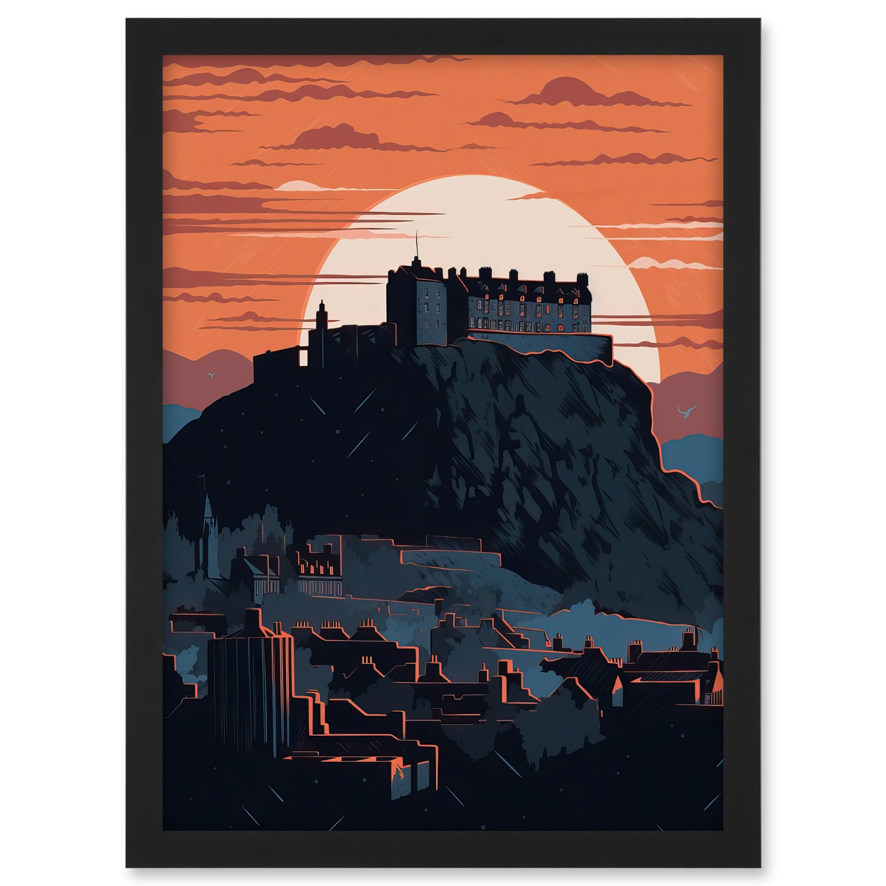 Artery8 Edinburgh Castle and Old Town Atmospheric Sunset Artwork Framed A3 Wall Art Print