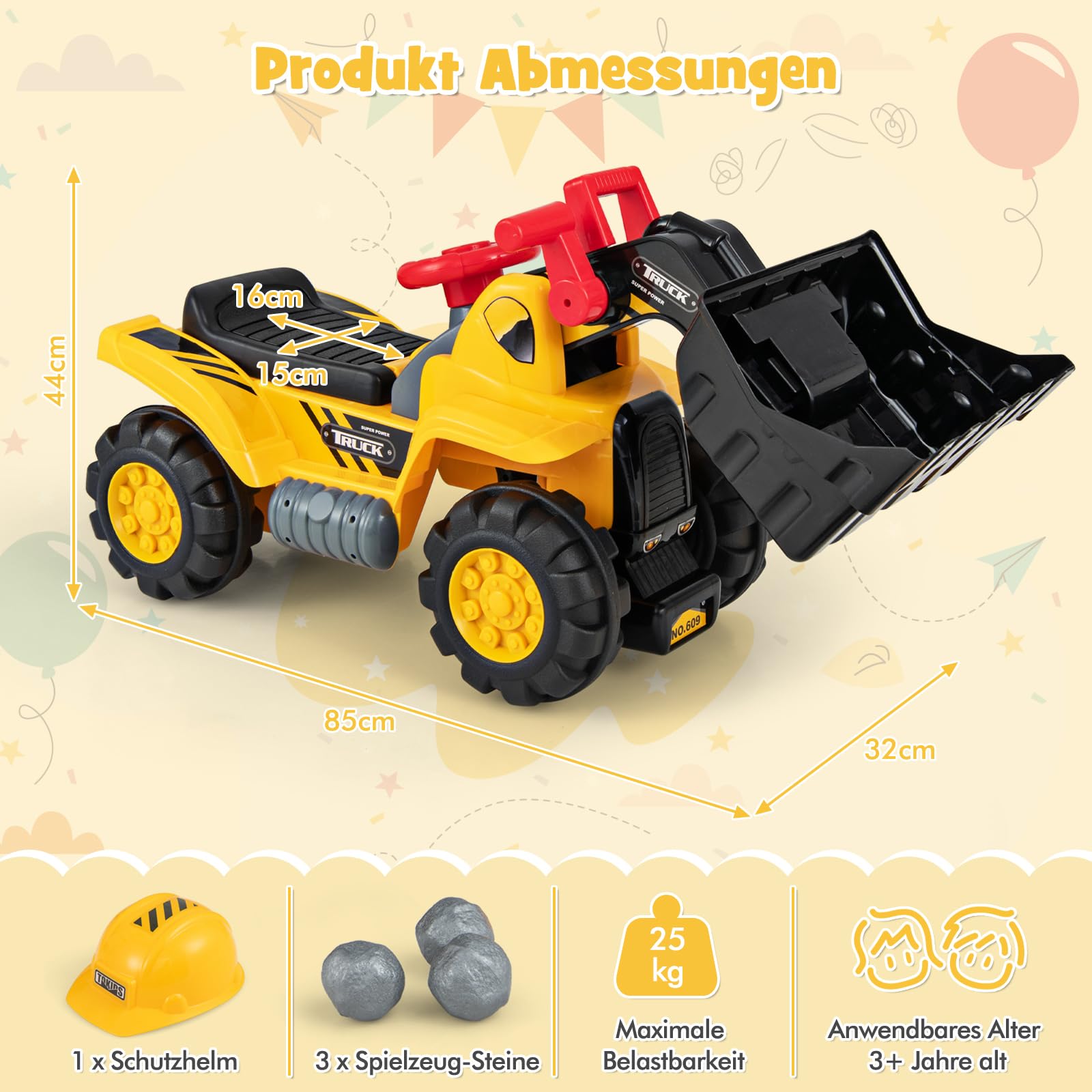 DREAMADE Kinder Sitzbagger, Aufsitzbagger mit Schutzhelm & 3 Spielsteine, Schaufel & Stauraum, Sandbagger mit Sound-Tasten, Bagger zum draufsitzen für Kinder ab 3 Jahren