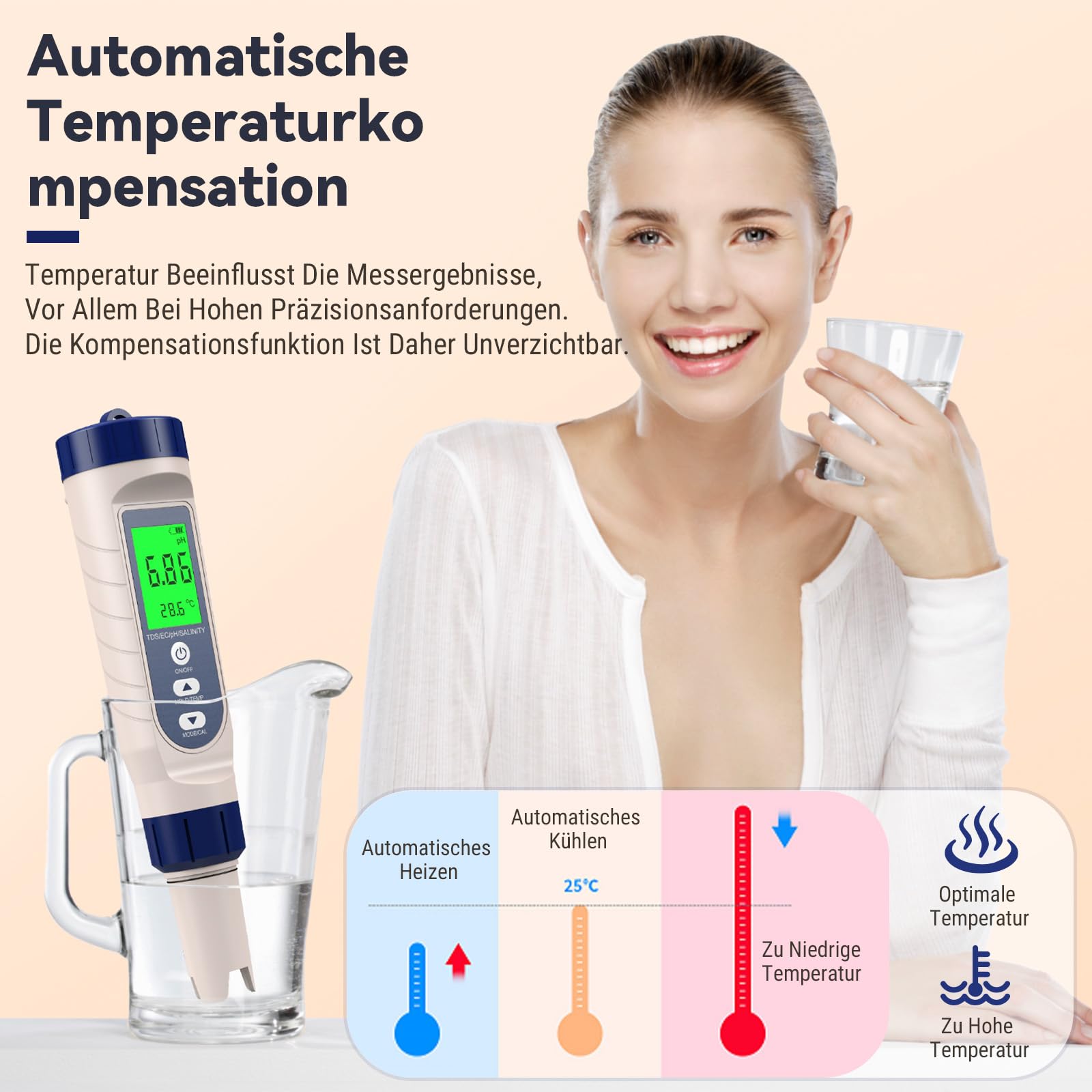 PH Messgerät Hochpräzision (± 0.01), 5 in 1 PH/TDS/EC/Salzgehalt/Thermometer, pH Wert Messgerät Pool mit Blau Hinterleuchtetem LCD-Display & Automatischer Temperaturkompensation