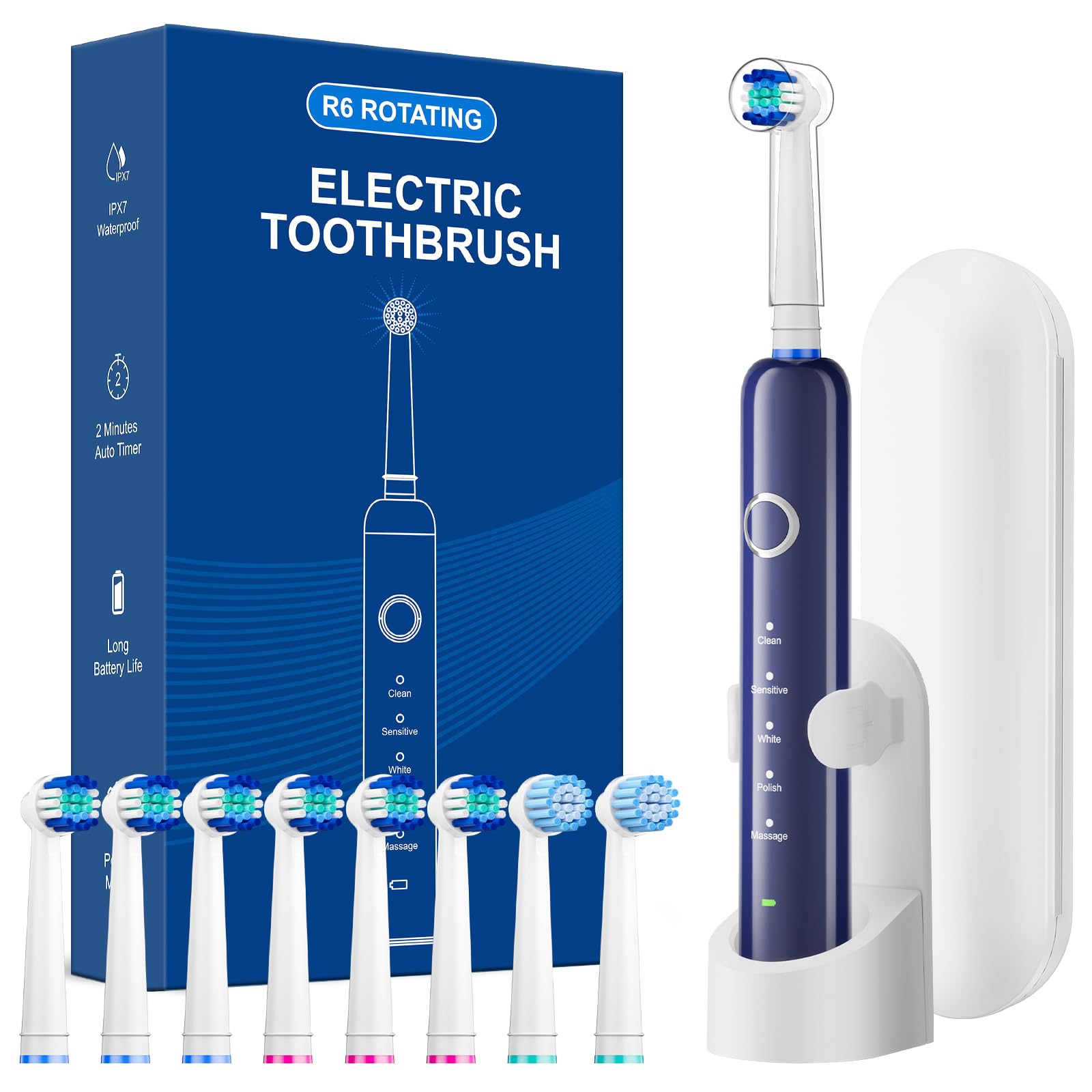 Rotating Electric Toothbrush for Adults, 8 Brush Heads (2 Types) &amp; Travel Case, 5 Cleaning Modes Rechargeable Power Toothbrush with 2-Minute Smart Timer, Blue