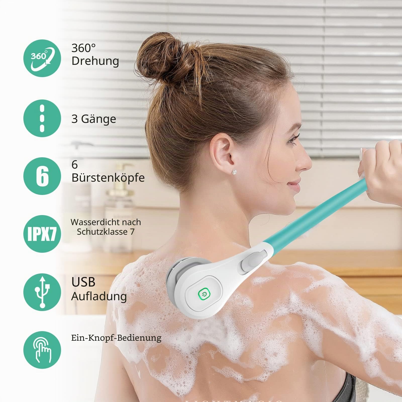Elektrische Duschbürste,Körperbürste Rückenbürste mit Langer Griff,Rückenbürste Dusche Massagebürste mit 6 Reinigungsköpfen,Elektrisch Duschbürste Badebürste für Spa Dusche Peeling Massagebürste(Blau)