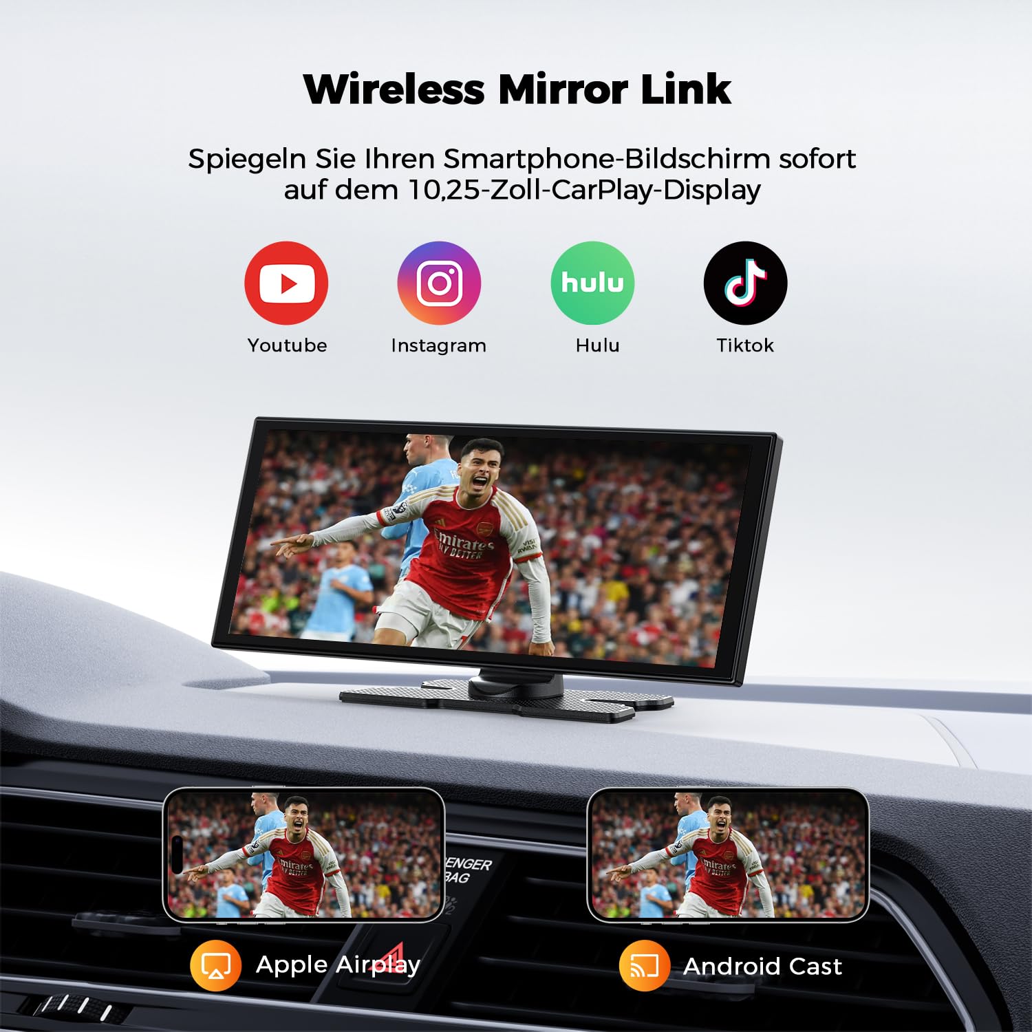 Écran Voiture 10,25 Pouces Carplay sans Fil avec Caméra de Conduite 2,5K + 1080P Compatible AppIe Carplay et Android Carplay Portable Autoradio Assistant Navigation 64GB TF Mirrorlink Bluetooth AUX