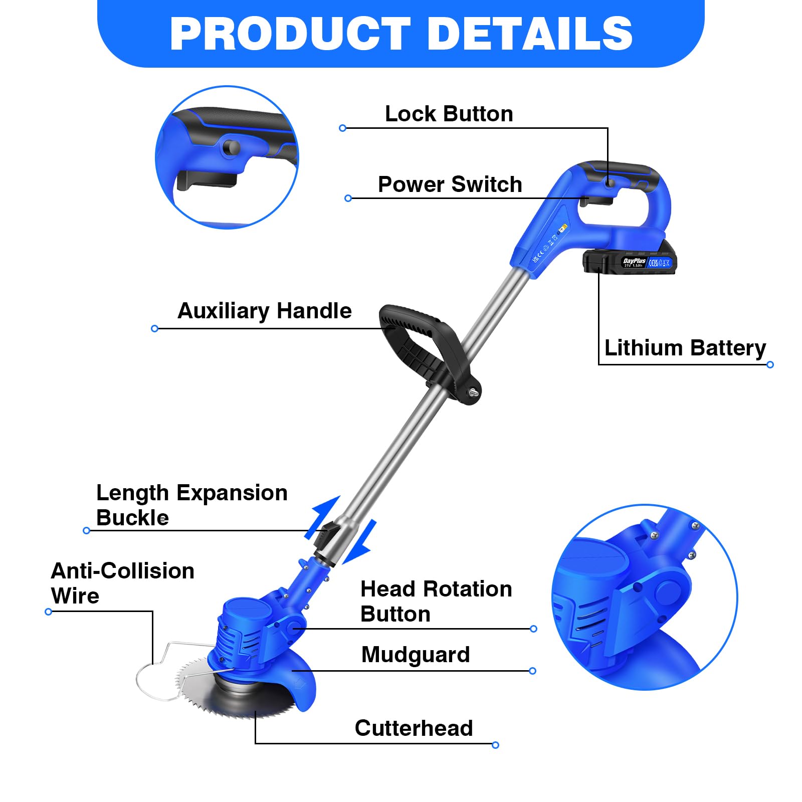 Cortacésped Eléctrico Li-Ion 21 V 15.5cm Ancho de Corte 10000 RPM Motor Giratorio y basculante Cabezal Ajustable (36"-50") y Eje telescópico con 2 baterías y Cargador