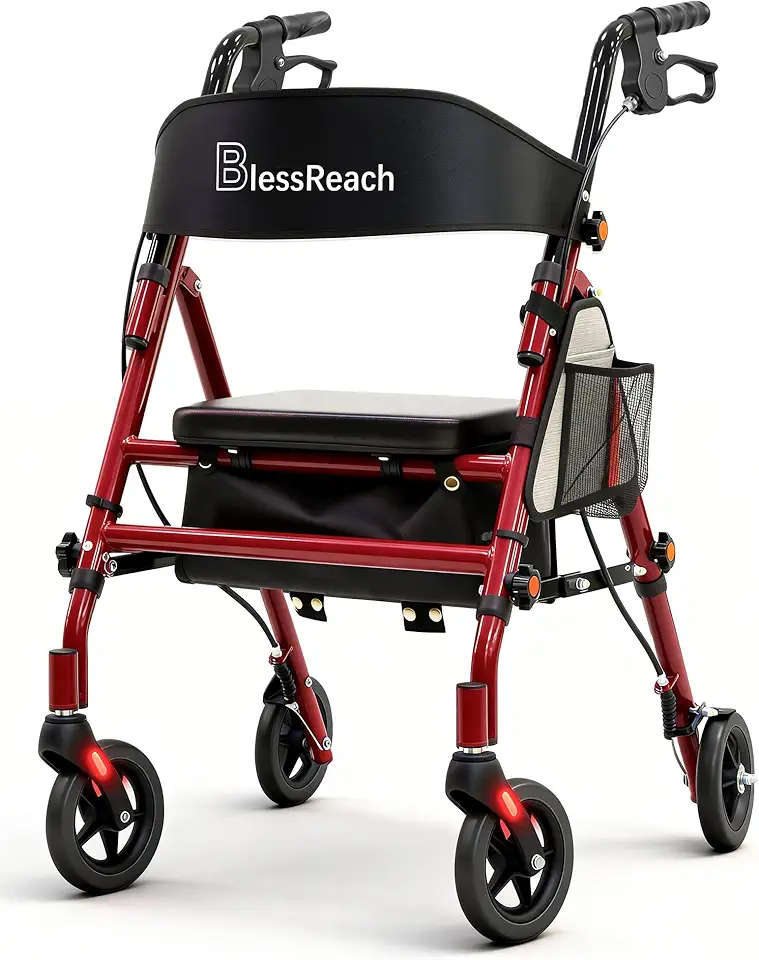 BlessReach Andador Rollator Dobrável E Leve Com Assento Para Idosos, Capacidade De 159 Kg, Altura Ajustável Em 5 Posições, Andador Híbrido Premium Com Rodas - Alumínio E Aço Carbono (Vermelho)