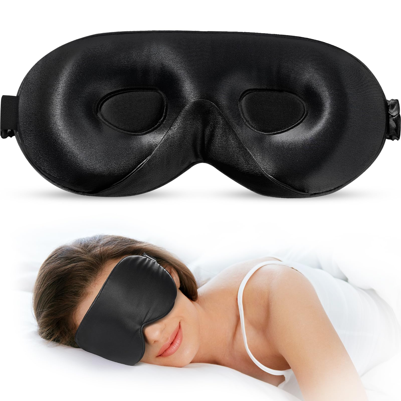 LitBear100% 22 Momme Mulberry Silk Sleep Mask - 3D Contoured Eye Mask for Men & Women, Soft Breathable Sleeping Mask with Adjustable Strap, Perfect Blocks Light for Sleeping (Black)OEKO-TEX STANDARD 100