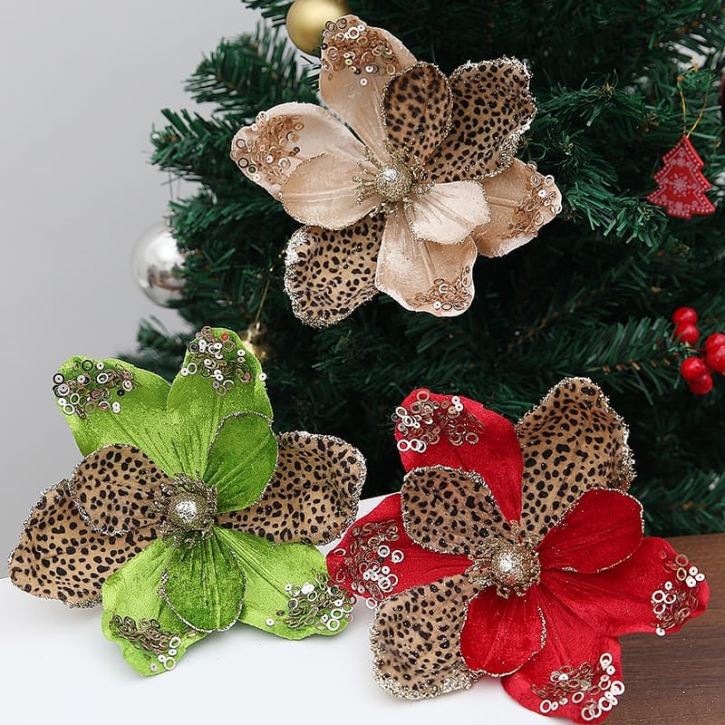 8 Pcs Leopard Christmas Tree Flower Fake Magnolia Flowers Artificial Glitter Poinsettias Leopard Print Magnolia Flower with Stem Wreath DIY Ornaments for Xmas Holiday Party Wedding (Green)
