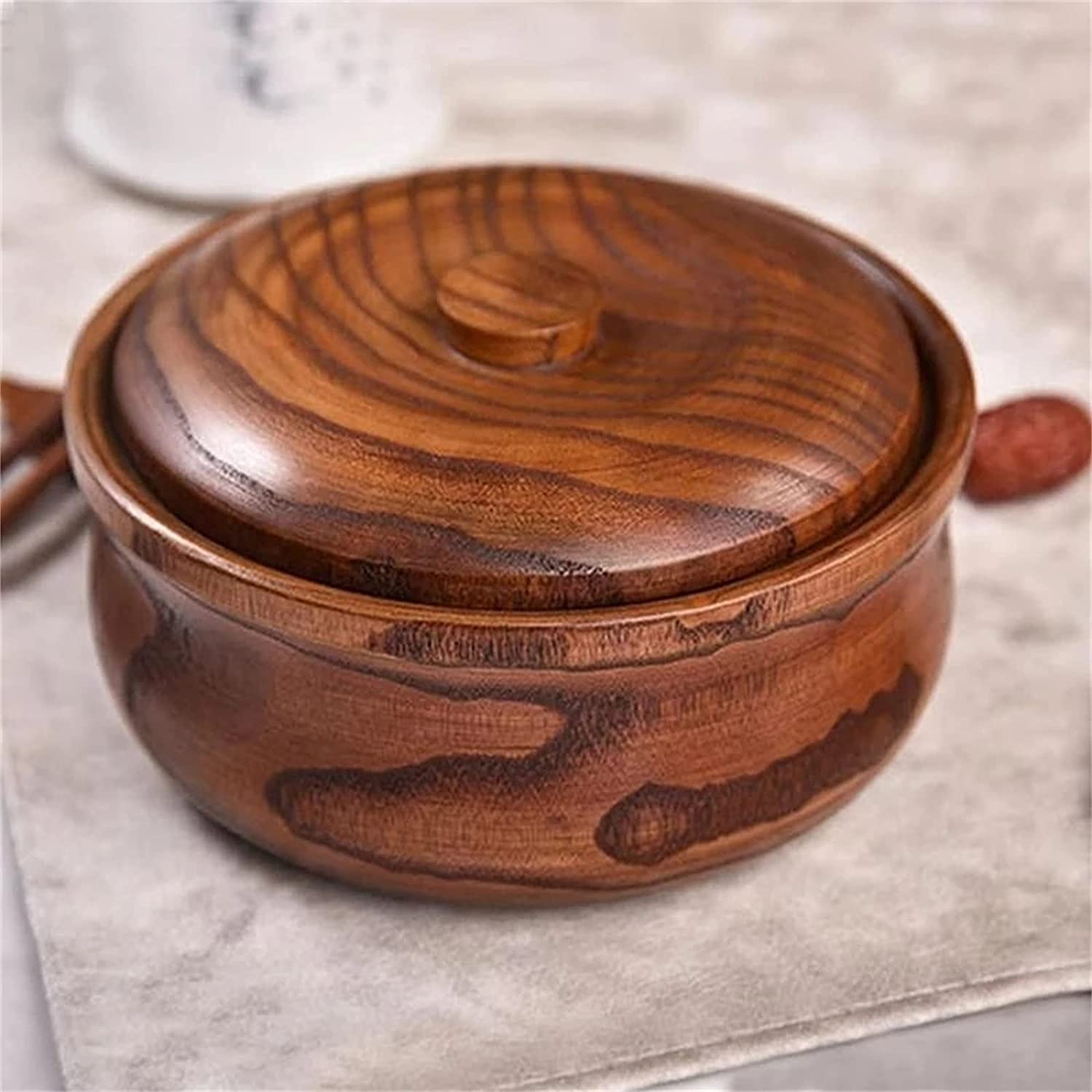 Drewniana miska na owoce z pokrywką, miska na sałatkę i zupę do zastawy stołowej z ryżem, idealna do użytku domowego i hotelowego, 18 x 7,5 cm, trwała drewniana konstrukcja
