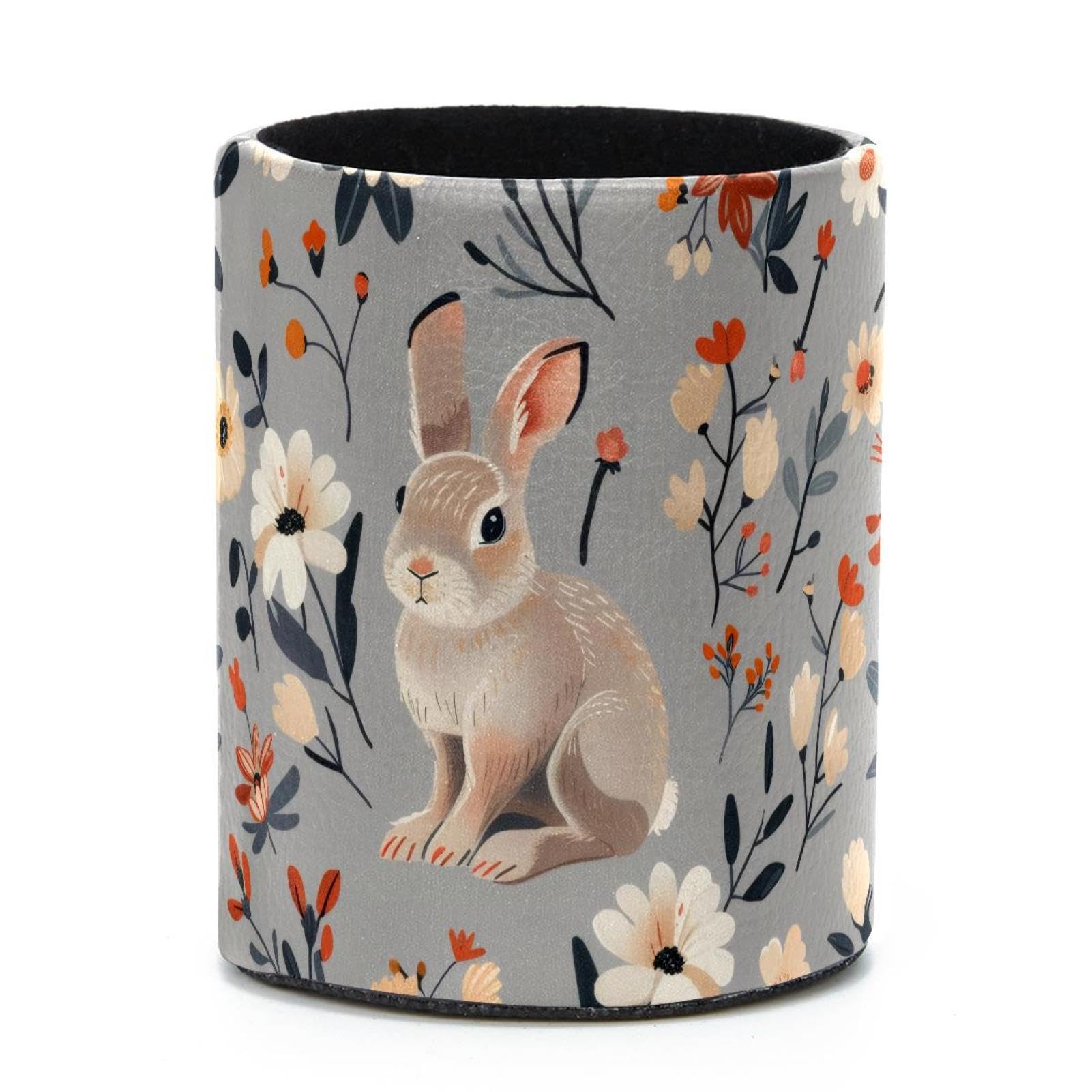 VAPOKF Round Pencil Holders for Desk, Rabbit Florals Pen Holders Pen Pot Makeup Brushes Storage Desktop Stationery Supplies Organiser for Home Office
