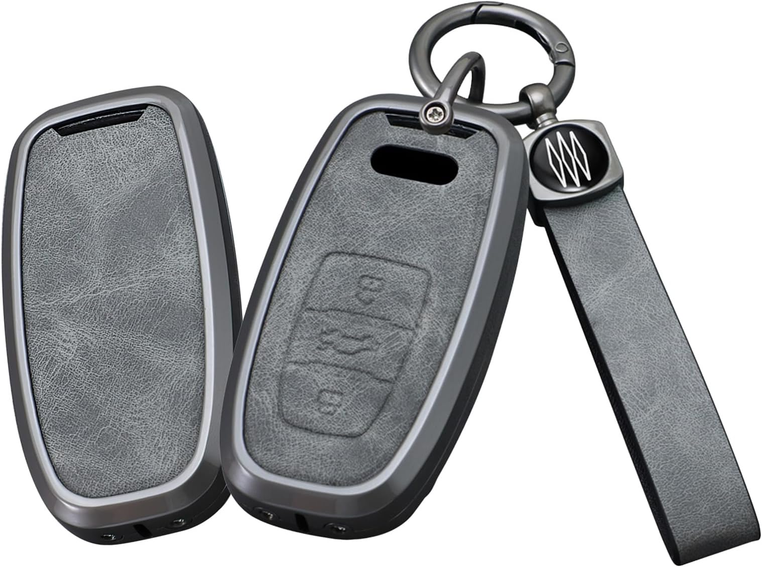 Gray Metal Leather Key Fob Cover Fit for Audi R8 Q5 Q7 S3 S4 S5 S6 S7 S8 SQ5 RS5 RS7 A4 A5 A6 A7 A8 Keyless Key Holder with Keychain B