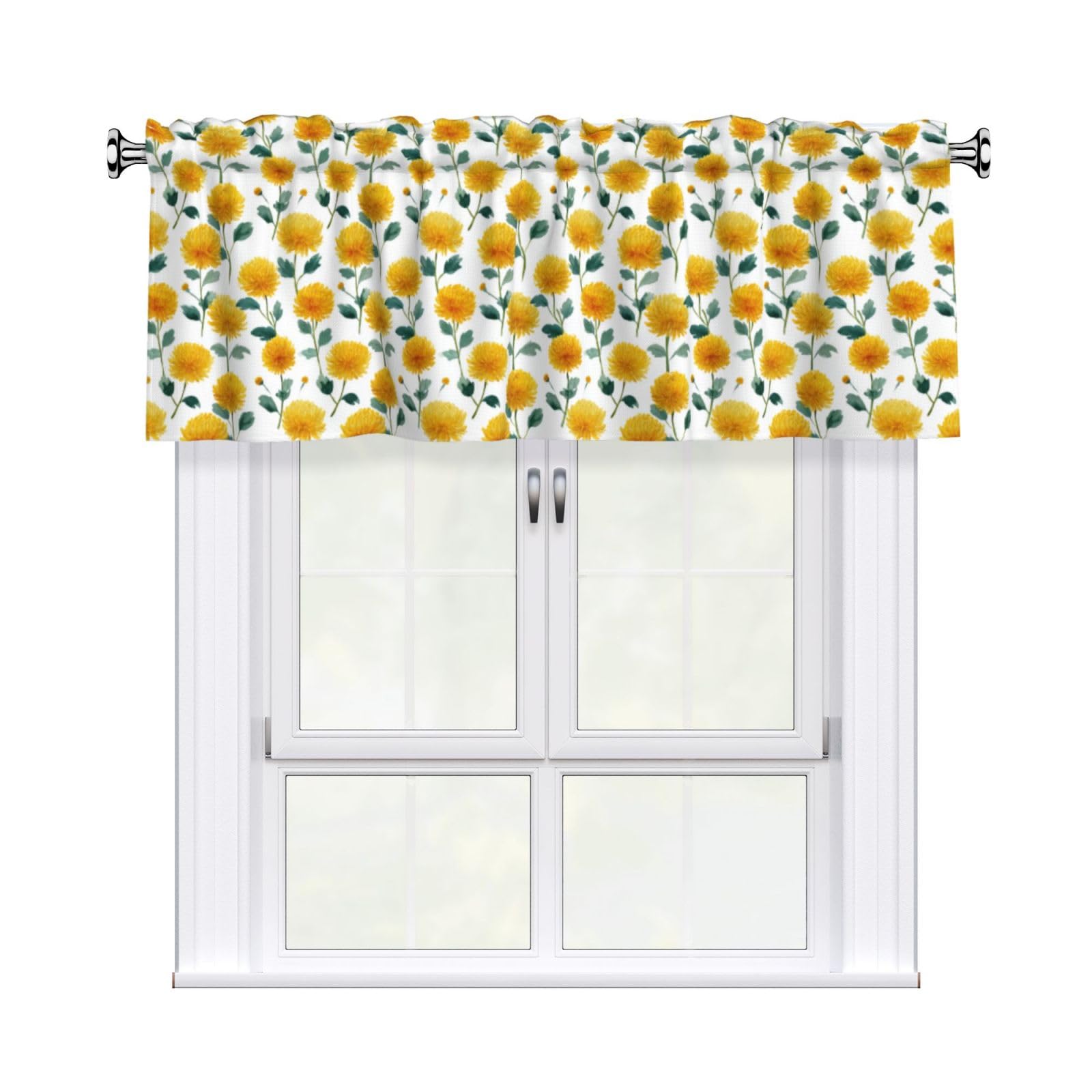 Woshuwo Golden Yellow Chrysanthemums Watercolor Valances For Windows Rod Pocket Window Treatment Short Curtains For Kitchen Living Room Bedroom Decor 54x18in