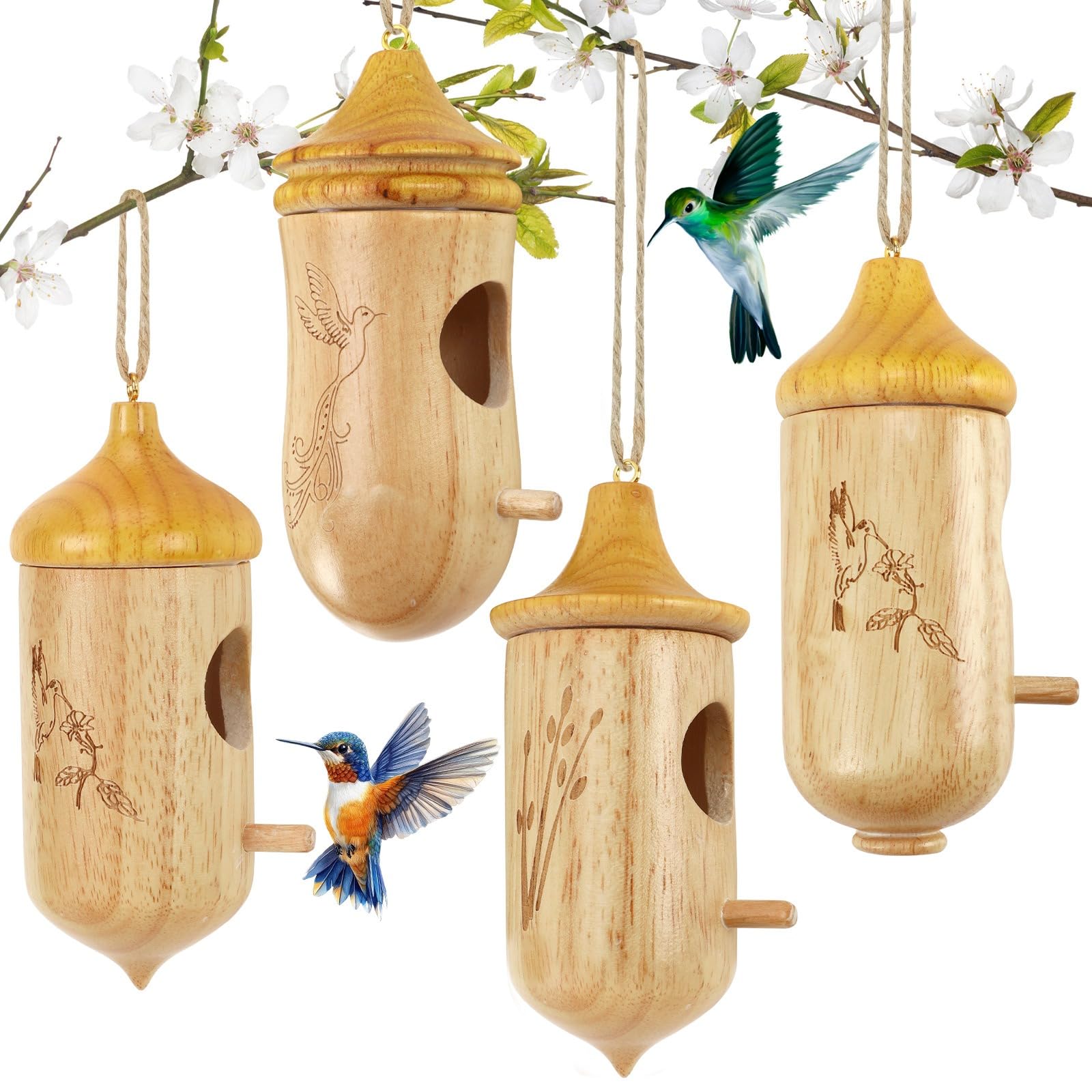 NOVWANG 4 PCS Hummingbird House Solid Wood with Hemp Rope, Outdoor Hanging Bird Watching House Bird House for Gardening Gifts Home Decoration