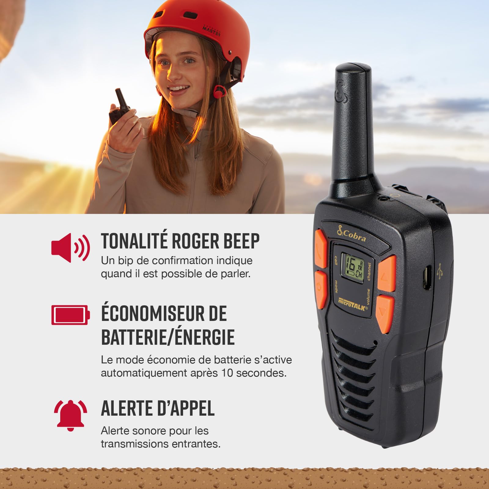 Cobra AM255 Talkies-Walkies Légers IPX2 (Pack de 2) – Portée de 5 km, 16 canaux, Fonction d'économie d'énergie, talkies-Walkies Rechargeables, Noir