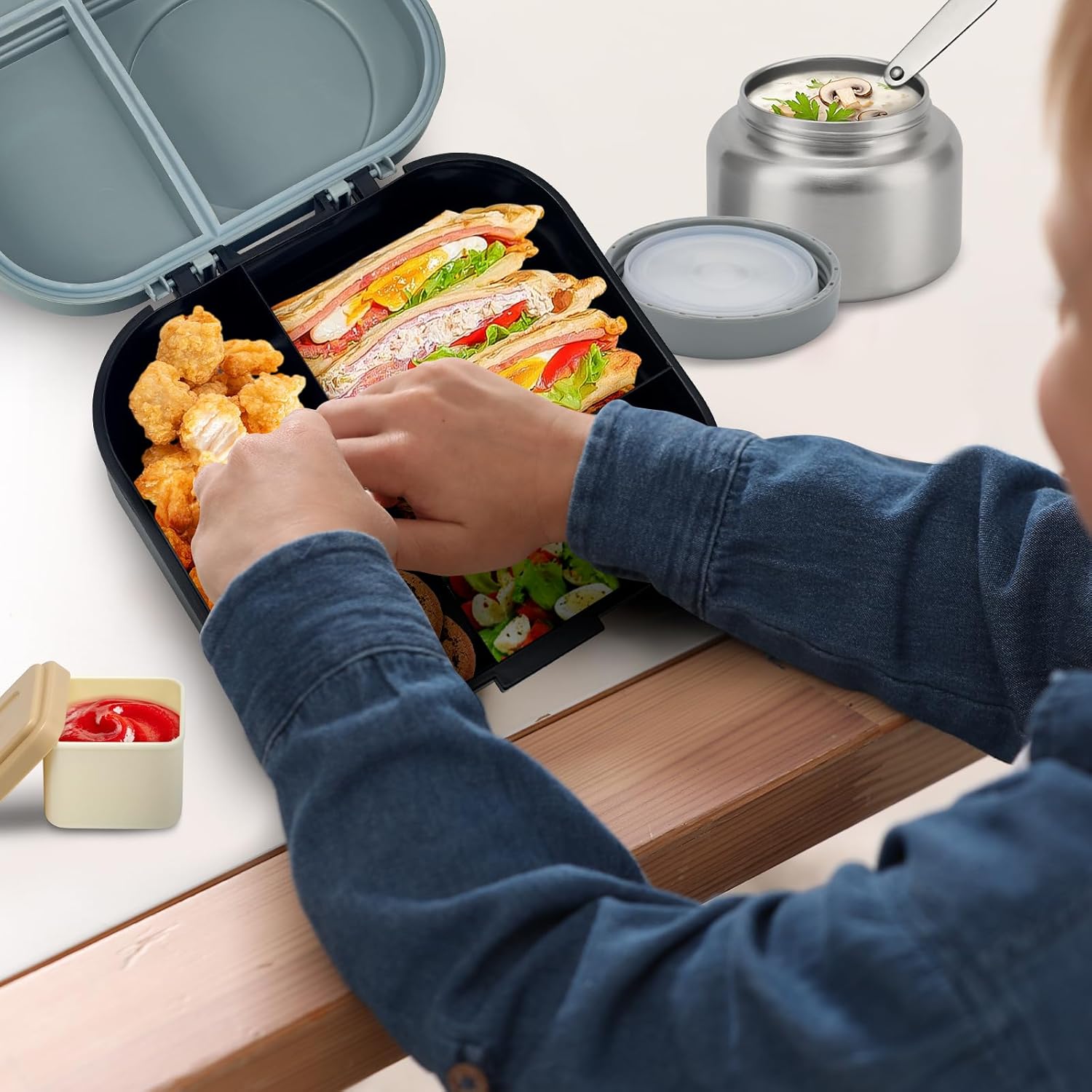 Bento Lunch Box for Kids with 12oz Soup Thermo,4 Compartments Lunch Box Containers Kids, Spoon&Sauce Jar, BPA Free&Leak proof,Insulated Food Jar for Travel(Black) - Image 7
