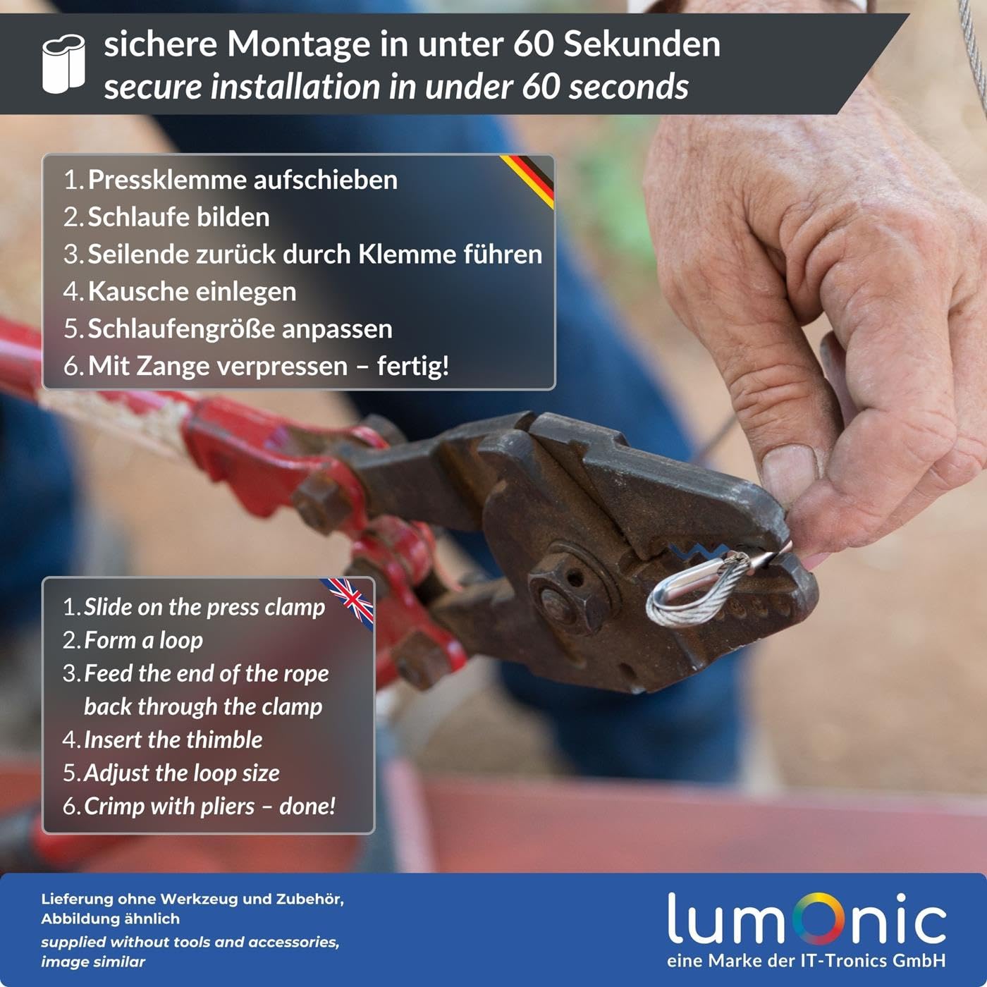 Lumonic 500x Pince à sertir pour Ø10mm Câble métallique | Aluminium | Douille double | Serre-câble, serre-câble pour câble métallique, corde | Pince pour câble métallique pour support de plantes grimp