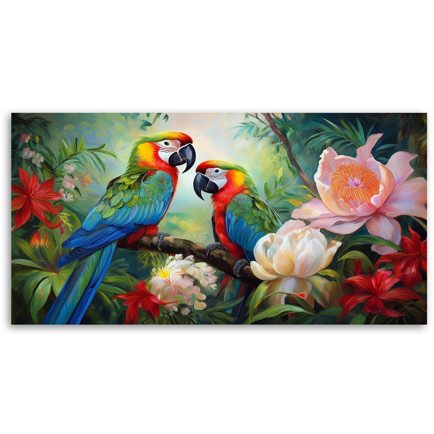 Feeby Leinwand Bilder - Bild Wohnzimmer - Bunte tropische Dschungelpapageien - 120x60 1tlg - Deko Schlafzimmer Groß - Dekoration Canvas - Gemälde - Modern Wandbilder - Kunstdruck
