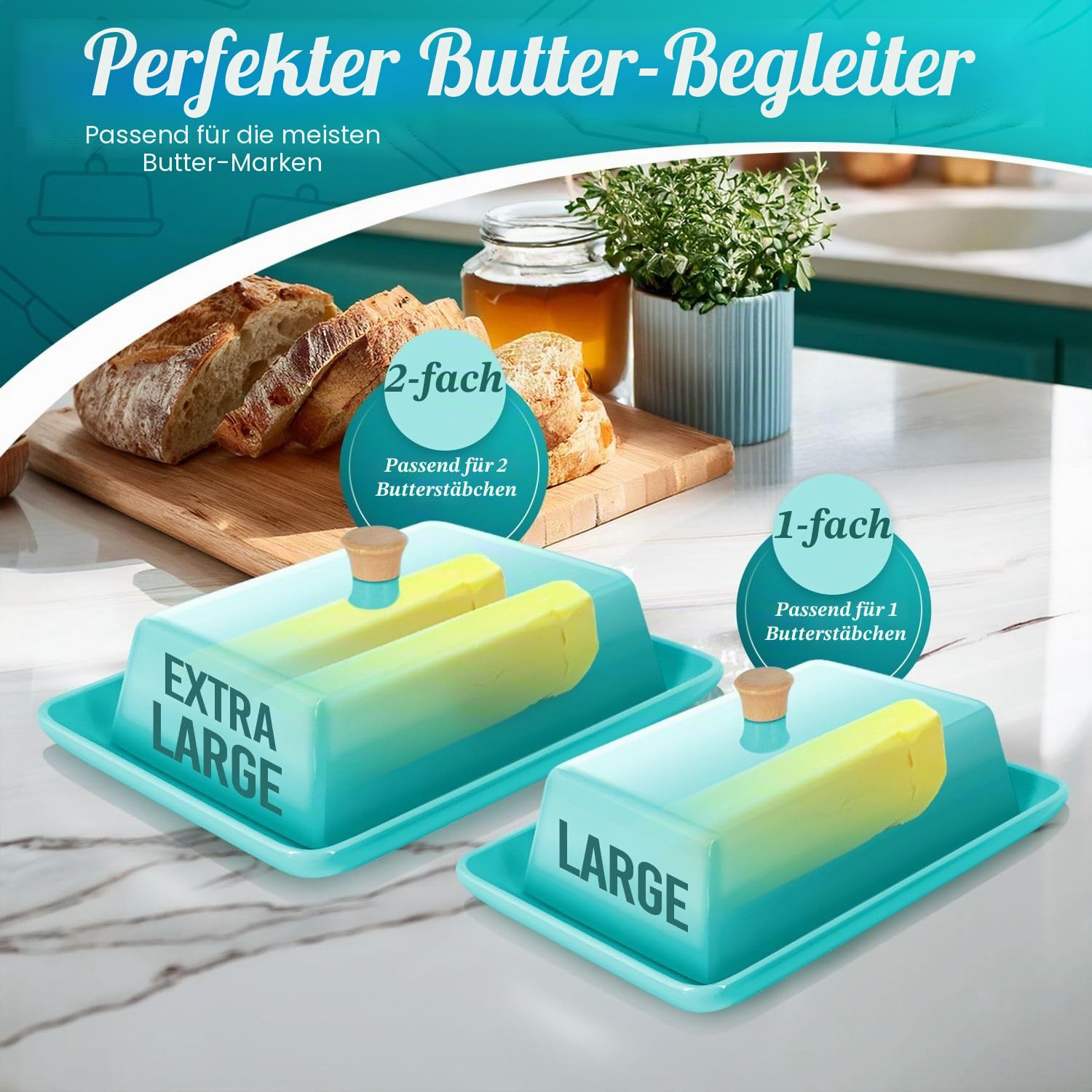 Flexzion Keramische Blau europäische Butterdose mit Deckel für die Arbeitsplatte (20,3 cm) – breite Doppel-Butterdose für 2 Stangen, Aufbewahrung für Frischkäse