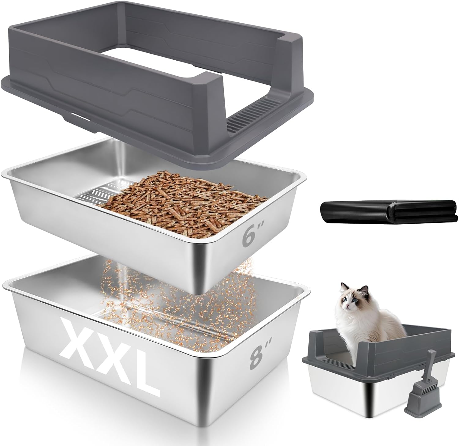 XXL Stainless Steel Sifting Litter Box,27.6''x19.7''x8''Extra Large Pellet Cat Litter Box,Metal Sifting Litter Boxes for Pine Pellets,Anti Urine Leakage,Include Scoop&25Pcs Litter Bags