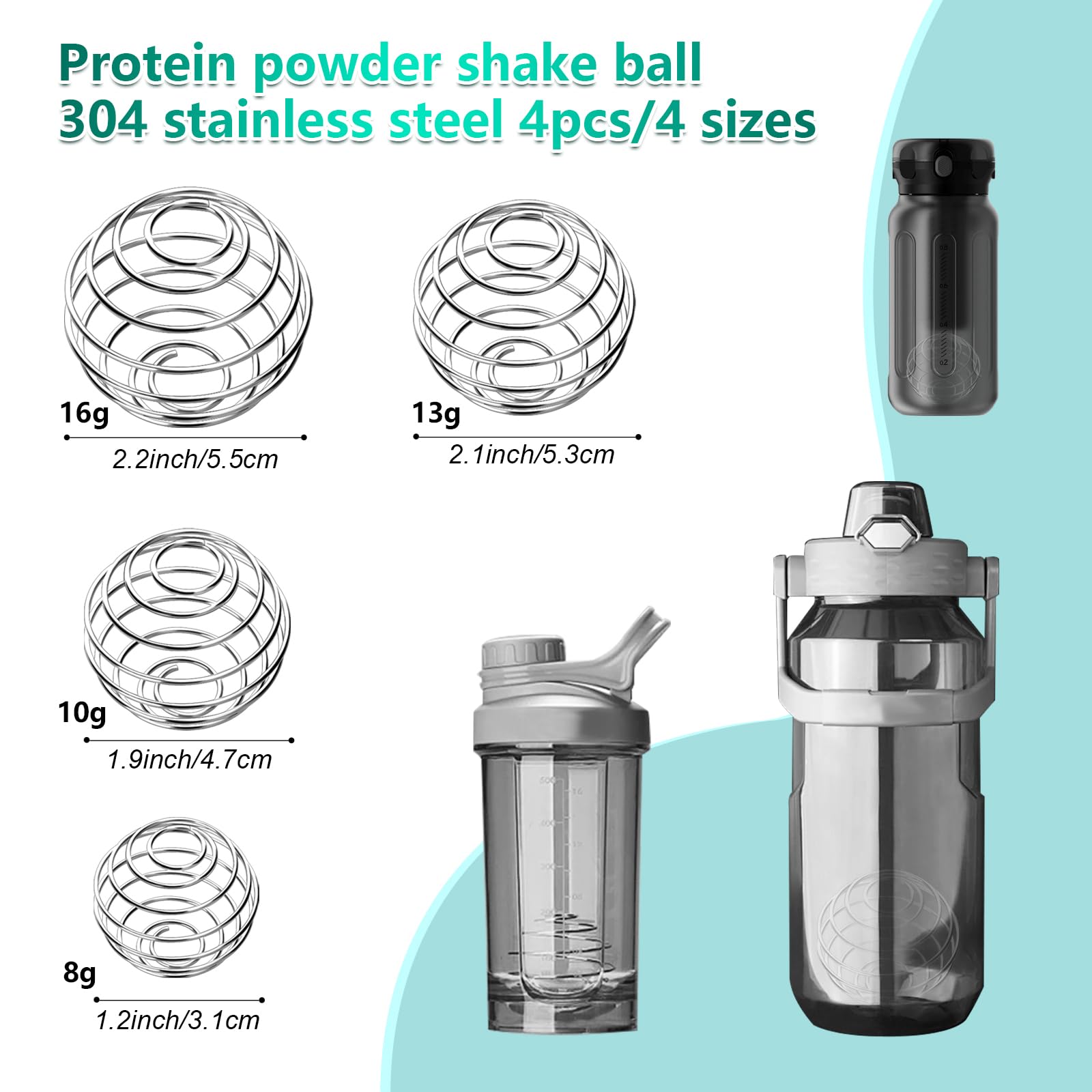 Bolas agitadoras, 4 bolas mezcladoras de acero inoxidable 304 para batidos de proteínas, bolas mezcladoras para botellas mezcladoras, 4 tamaños 2