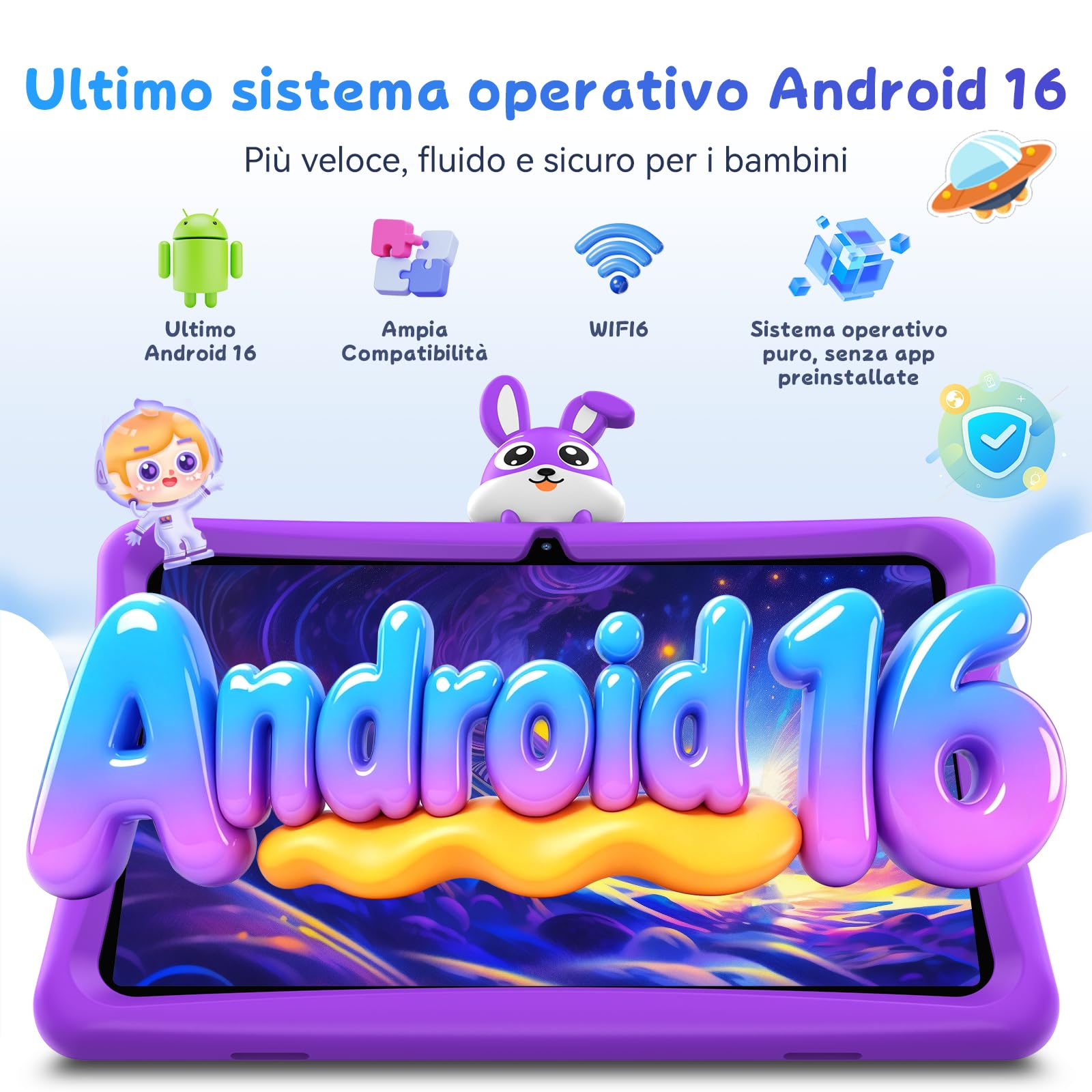 K10 Tablet per Bambini,Android 16 tablet 10 Pollici,16GBRAM+128GBROM,Viola