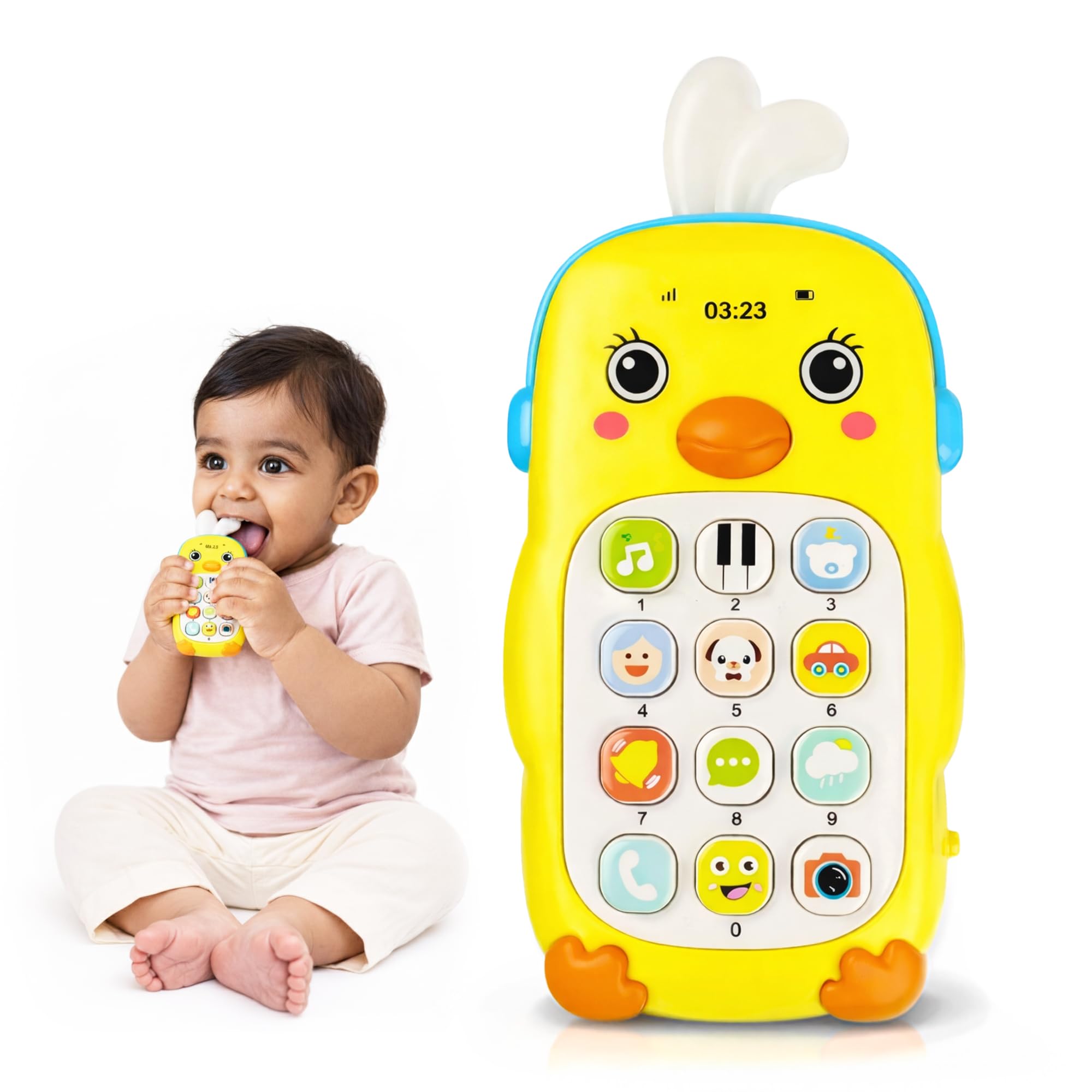 Kidology Baby Musical Phone Toy with Lights & Teether, Sensory Montessori Learning Toy for 12-18 Months, Educational Cell Phone with Numbers & Sounds, Yellow