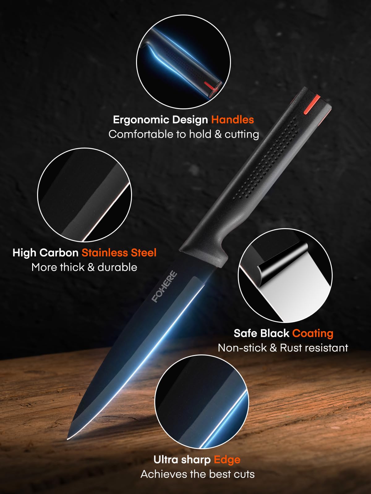 Couteaux de Cuisine avec Bloc, FOHERE 13 Pièces Couteaux de Table en Acier Inoxydable avec Affûteur Intégré, Bloc de Couteaux Professionnel avec Support,Granit Noir
