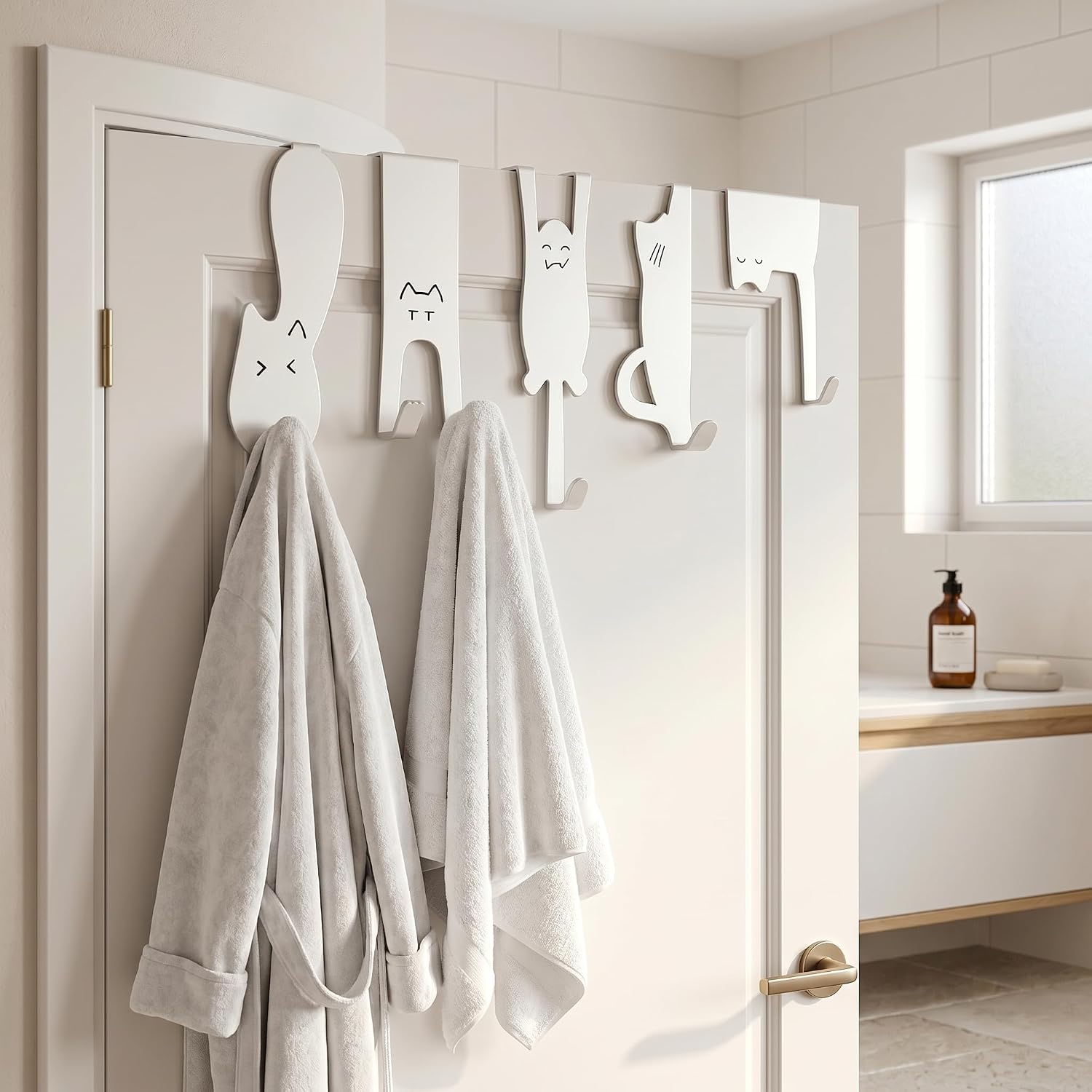 Cute Cat Over The Door Hooks, 5 Pack Metal Animal Shaped Door Hanger for Hanging Clothes, Towels, Coats, Bags & Hats, No-Drill Decorative Room Decor Organizer for Bedroom, Bathroom, Entryway - White