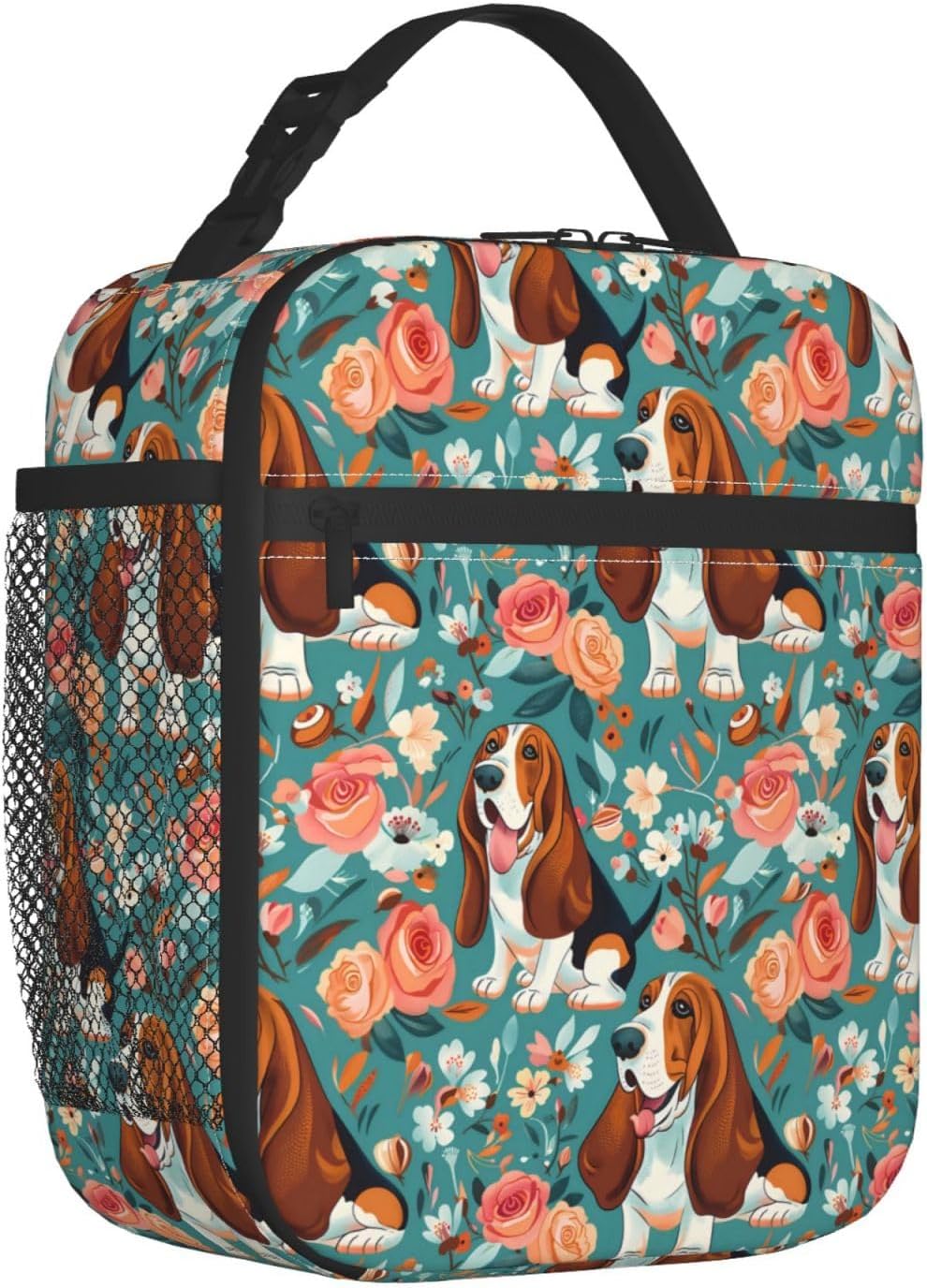 Reusable Basset Hound Lunch Box for Kids Girls Boys Women Adult, Insulated Cute Dog and Flower Lunch Bag,Polyester Cooler Handbags Case for School Picnic Work Travel Beach or Hiking - Image 2