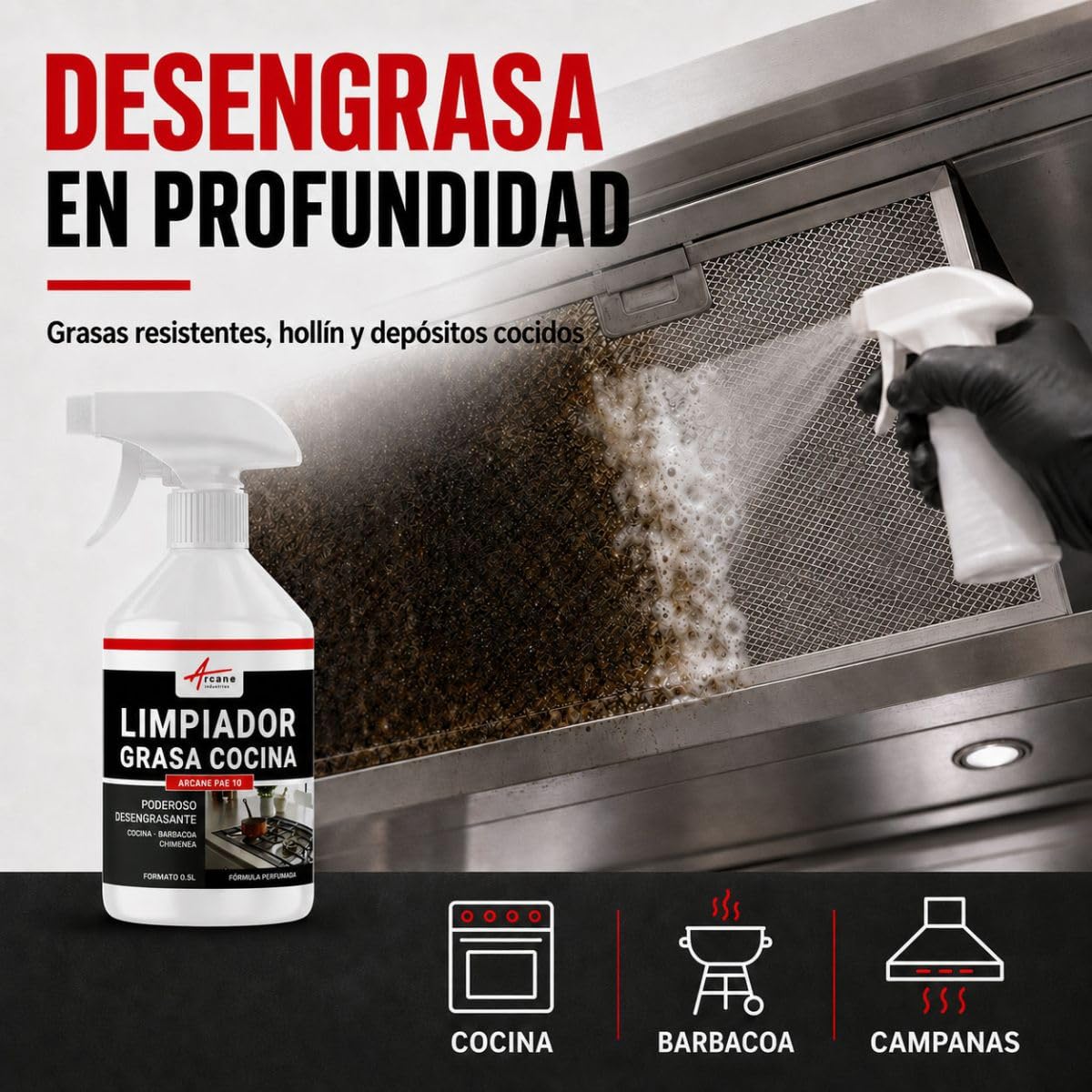 Limpiador Desengrasante Grasas, Cocina, Campana, Barbacoa, Parrilla 20 L | Desengrasa Grasas y Hollín Tenaces, Campanas, Barbacoas, Parrillas, Superficies Lavables - Arcane Industries