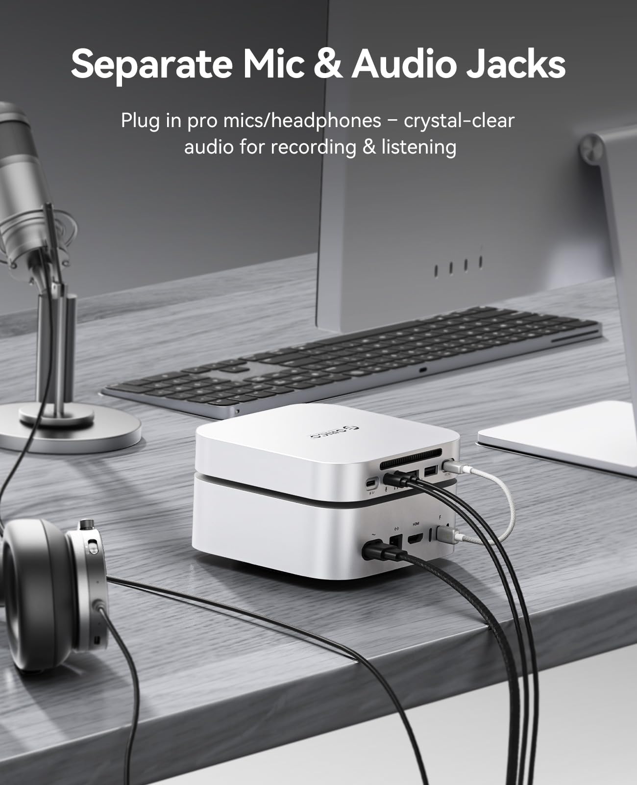 ORICO MiniLink Mac mini M4 Hub z obudową SATA SSD, port USB 3.0 5 Gb/s, czytnik kart SD 3.0/TF 3.0, gniazdo słuchawkowe 3,5 mm i gniazdo mikrofonowe (M410P)